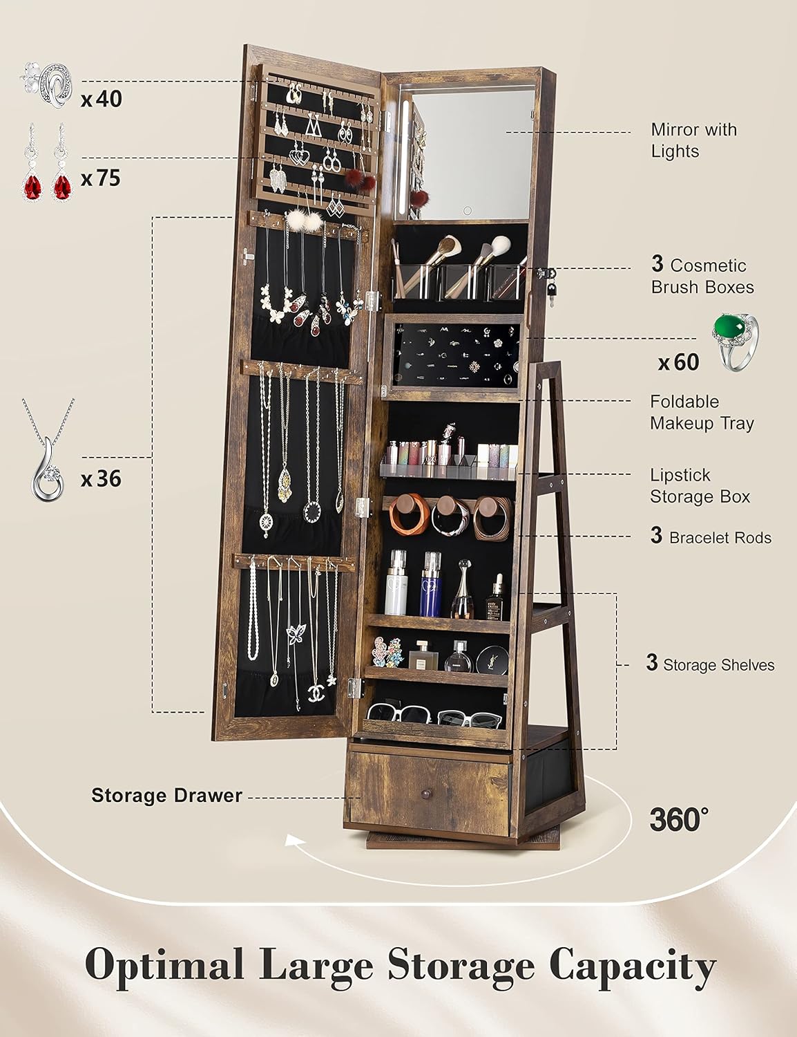 360° Swivel Jewelry Cabinet with Lights, Full Length Mirror | Standing Led Mirror Jewelry Cabinet, Lockable Mirror with Storage, Interior Mirror, Shelves, Flip-over Shelf, Rustic Brown - Image 5