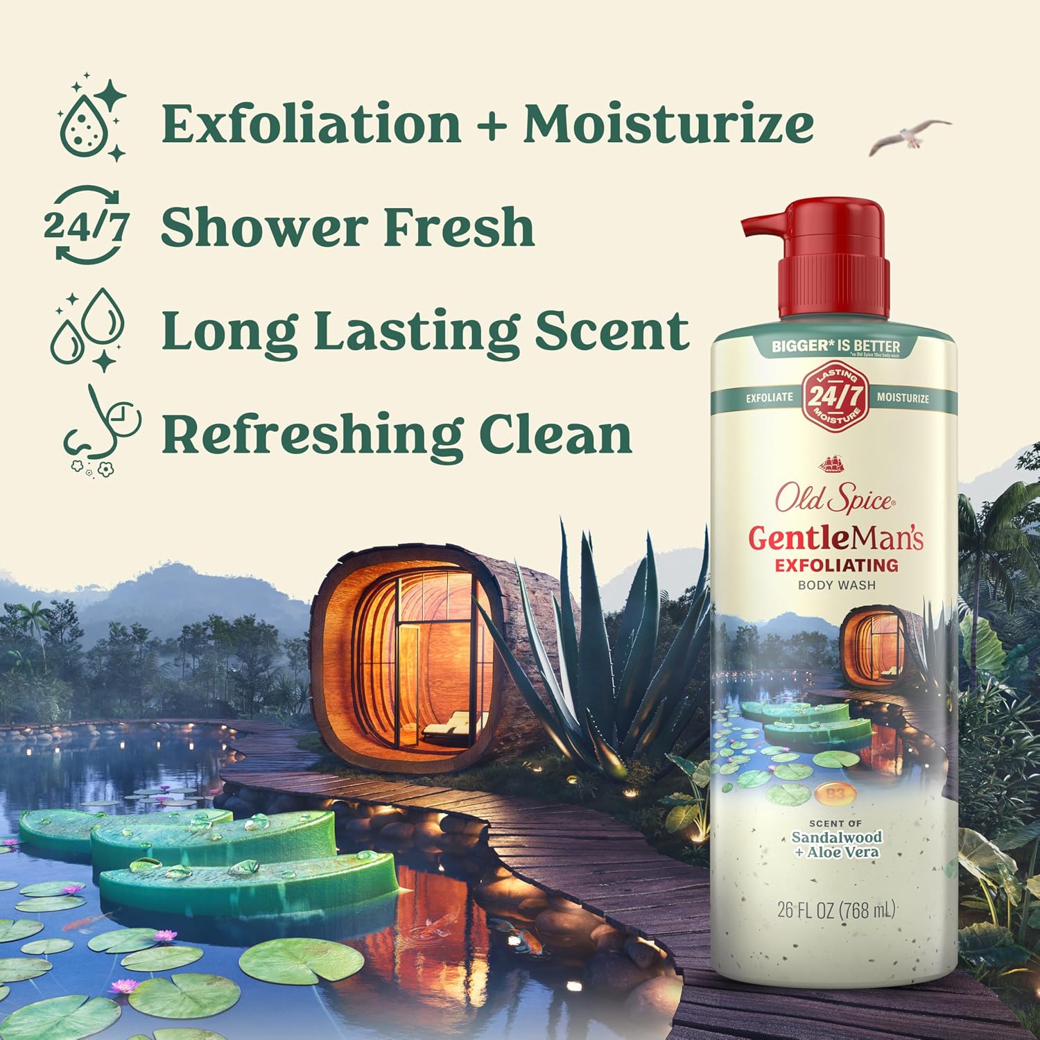 Old Spice GentleMan's Exfoliating & Moisturizing Body Wash for Men, 24/7 Shower Fresh with Long Lasting Scent, Renewing Vitamin B3 Blend, Sandalwood + Aloe Vera Scent, 26 oz - Image 2