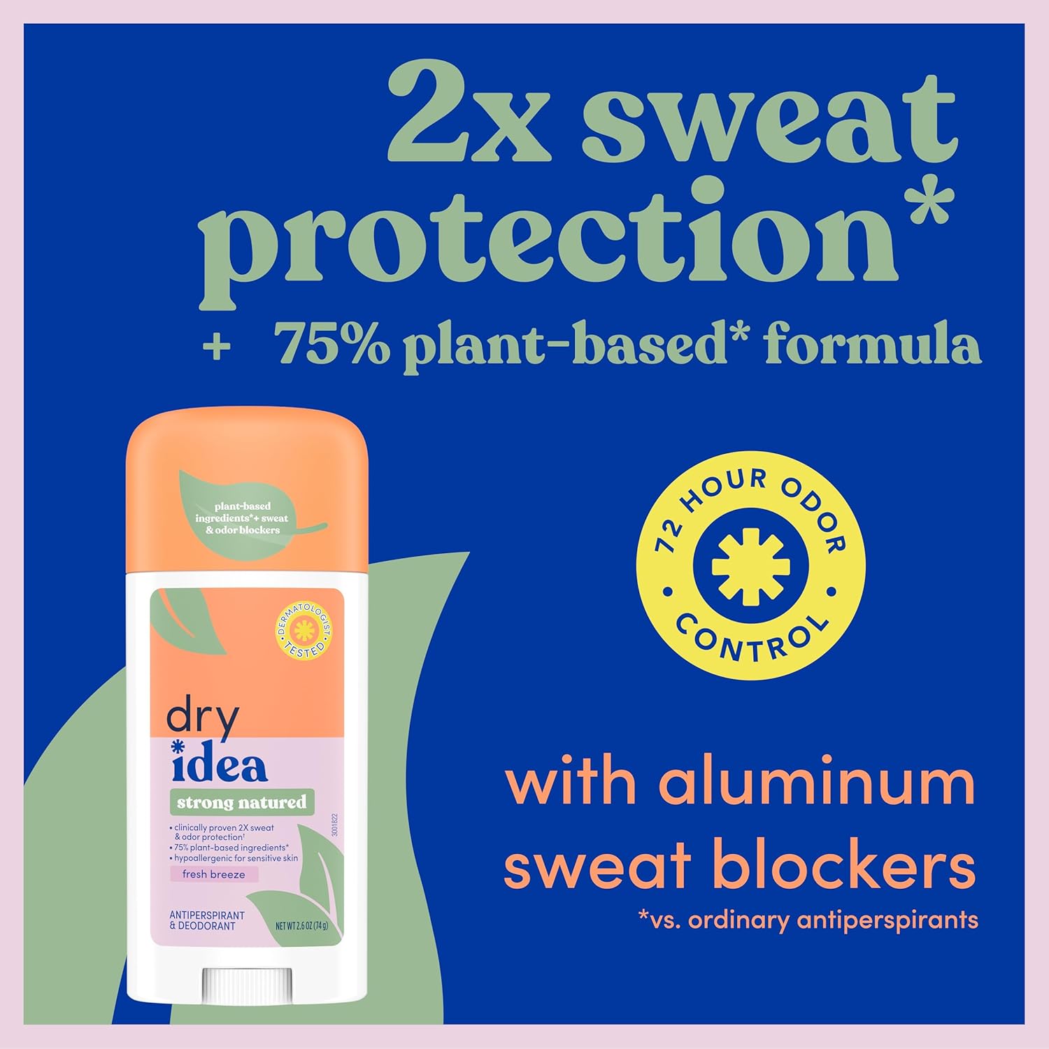 Dry Idea Plant Based Antiperspirant with Aluminum Sweat Blockers Invisible Solid Deodorant for Women – Fresh Breeze Scent, 72Hr Sweat & Odor Control for Sensitive Skin, 1pk - Image 2