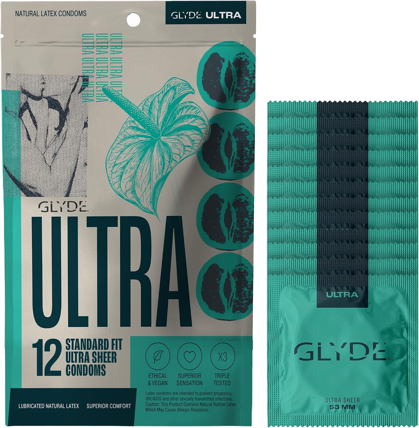 GLYDE Ultra Standard Fit Condoms - Ultra-Thin Medium Size - 12 Count, 53mm | Fragrance-Free, Lightly Lubricated, Body-Friendly, Vegan Formula Condoms, Strong and Secure Fit for Comfort and Natural Feel