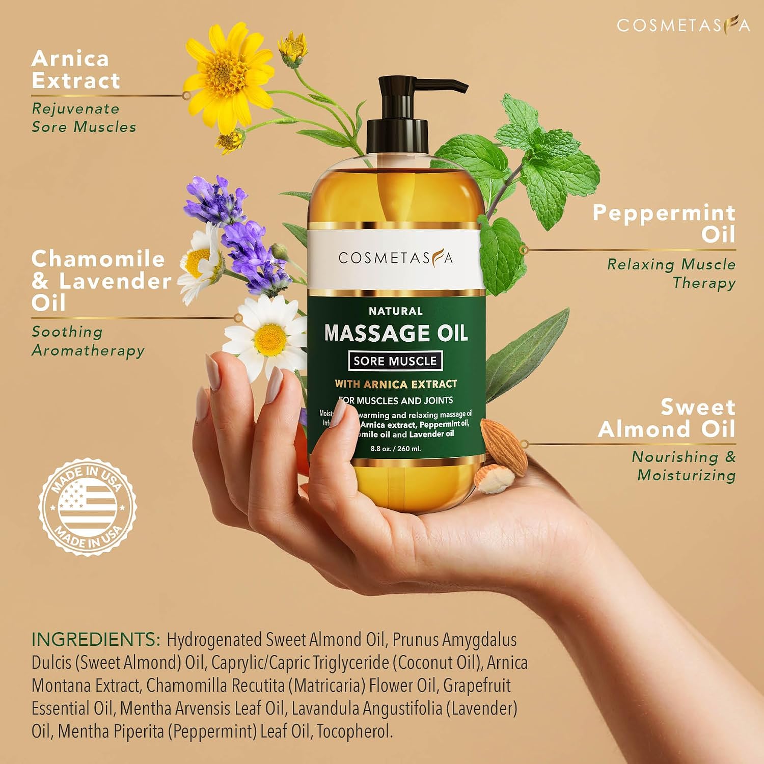 Cosmetasa Sore Muscle Massage Oil - 8.8 oz, Soothes Muscle and Joint with Arnica Extract, Peppermint, Chamomile, and Lavender Oil (8.8 oz, Sore Muscle) - Image 2