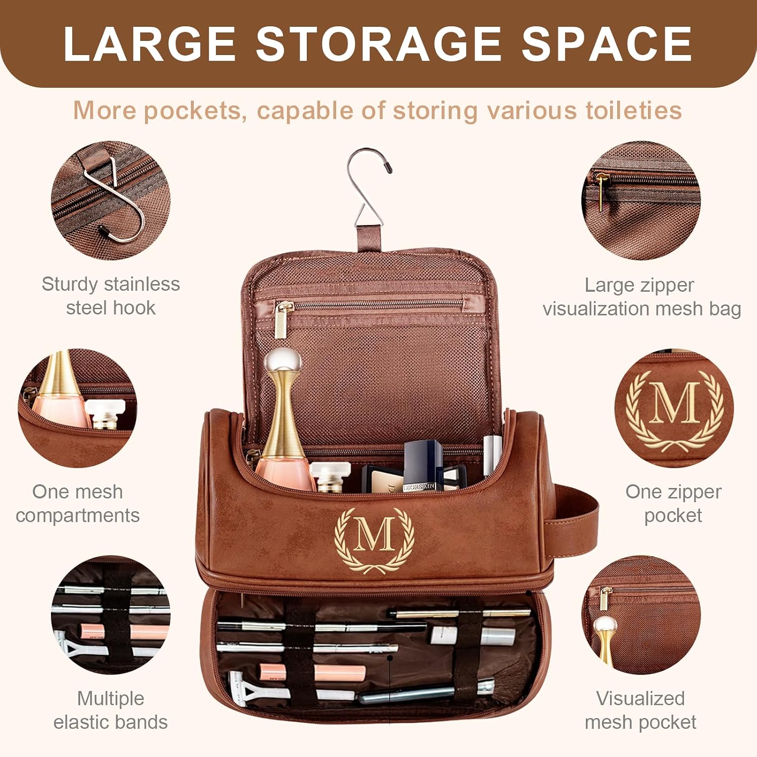 Sparklove Personalized Initial Toiletry Bag for Men, Monogrammed Engraved Mens leather Toiletry Travel Bag,Unique Gift for Him, Dad, Groomsmen, Birthday, Anniversary, Father, Son, Husband - Image 2