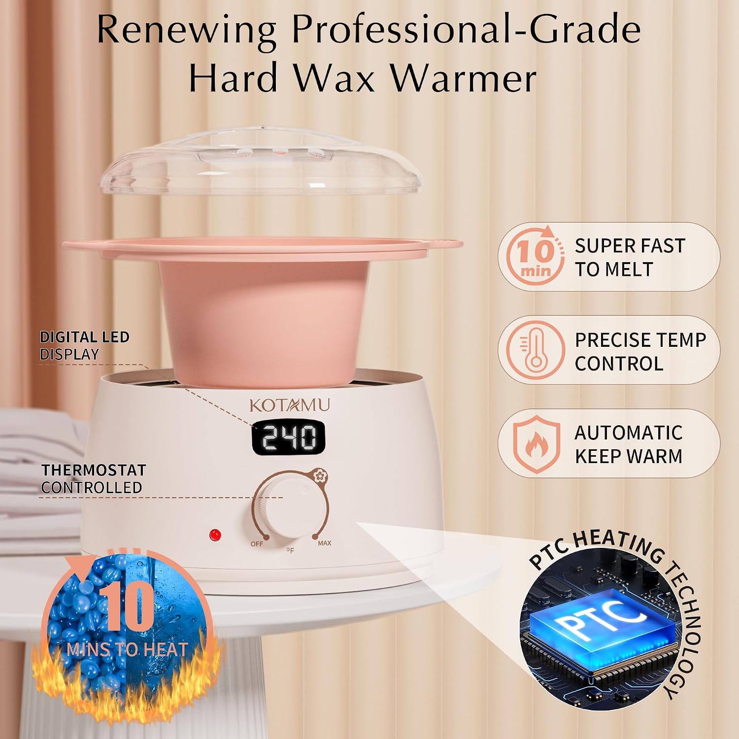 KOTAMU Waxing Kit for Women & Men, Pink Digital Wax Pot Warmer Hair Removal | Home Hard Wax Kit, Wax Machine, Face, Eyebrow, Bikini, Brazilian, Body, Sensitive Skin, 25 Accessories, Beginner-Friendly - Image 2