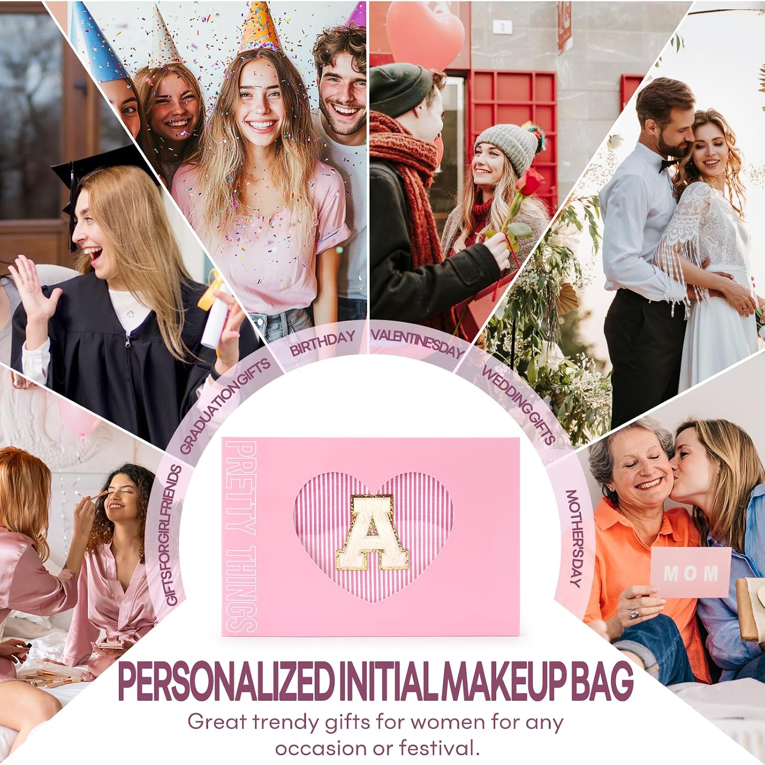 2 PCS Initial Makeup Bags for Women: Cosmetic Bag for Travel Toiletry - Birthday Gifts for 11 12 13 14 15 16 17 18 Years Old Girl Graduation - Teen Girl Gifts Trendy Stuff - Pink A - Image 5