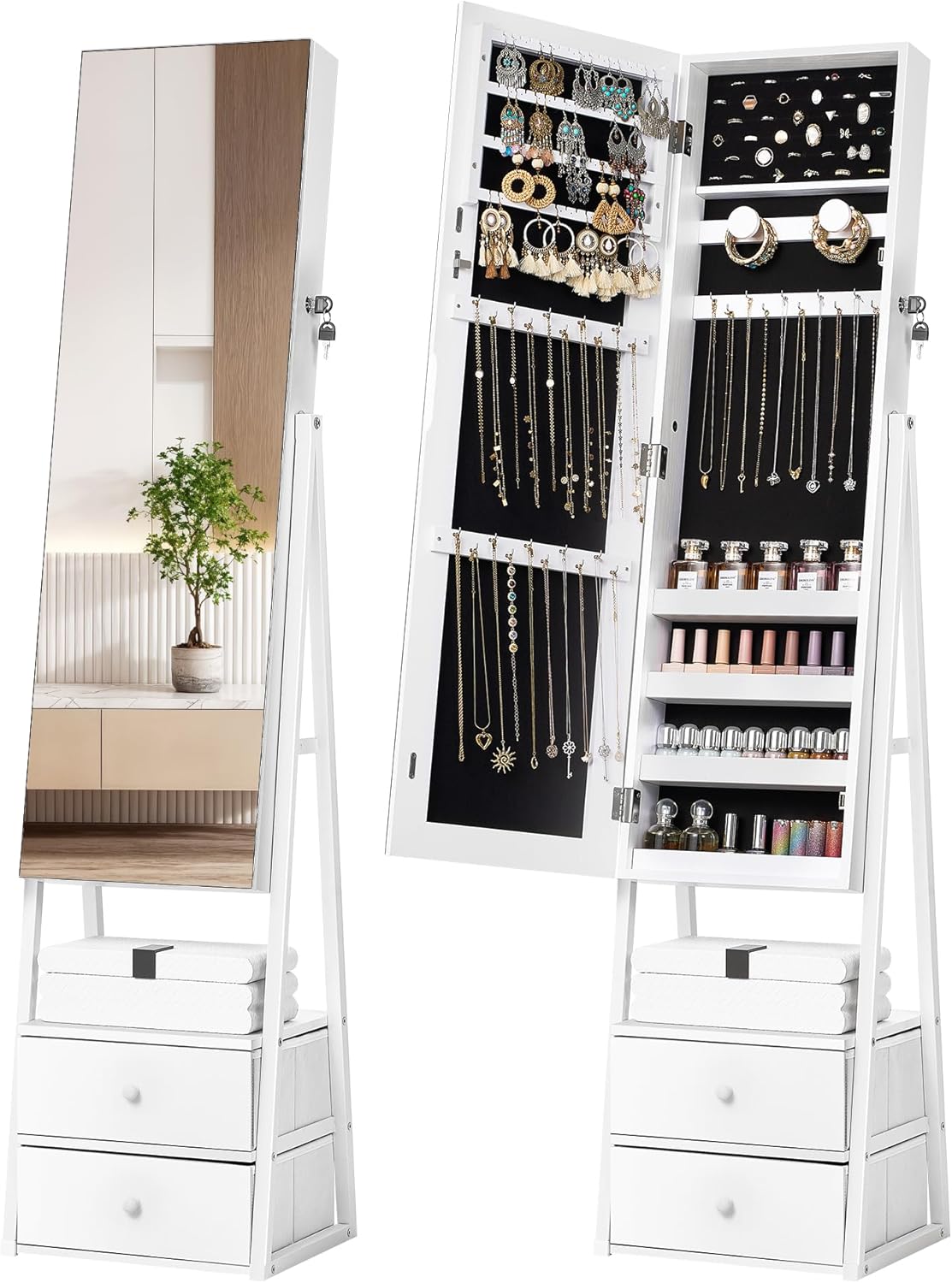 Jewelry Cabinet Armoire, 2 Drawers, Full Length Mirror, Pure White | Standing Mirror Jewelry Cabinet, Lockable Jewelry Armoire with Mirror, Adjustable Angles, Easy Assembly, Gift Idea, HD Glass