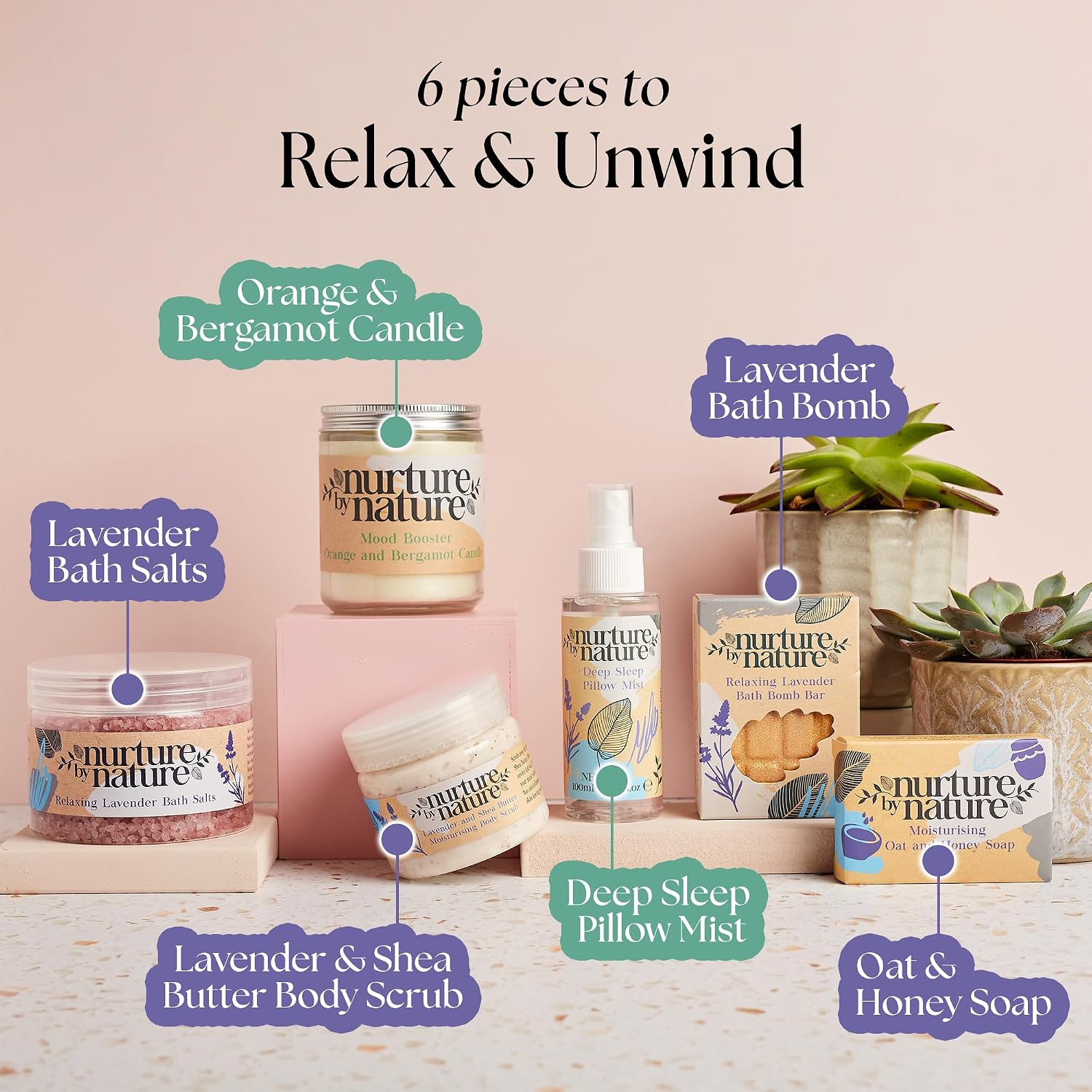Nurture by Nature Self Care Gifts for Women - Spa Gift Baskets for Women & Relaxation Gifts | At Home Spa Kit | 6 Piece Bath Set with Pillow Spray, Candle, Bath Bomb & Bath Salts - Image 4