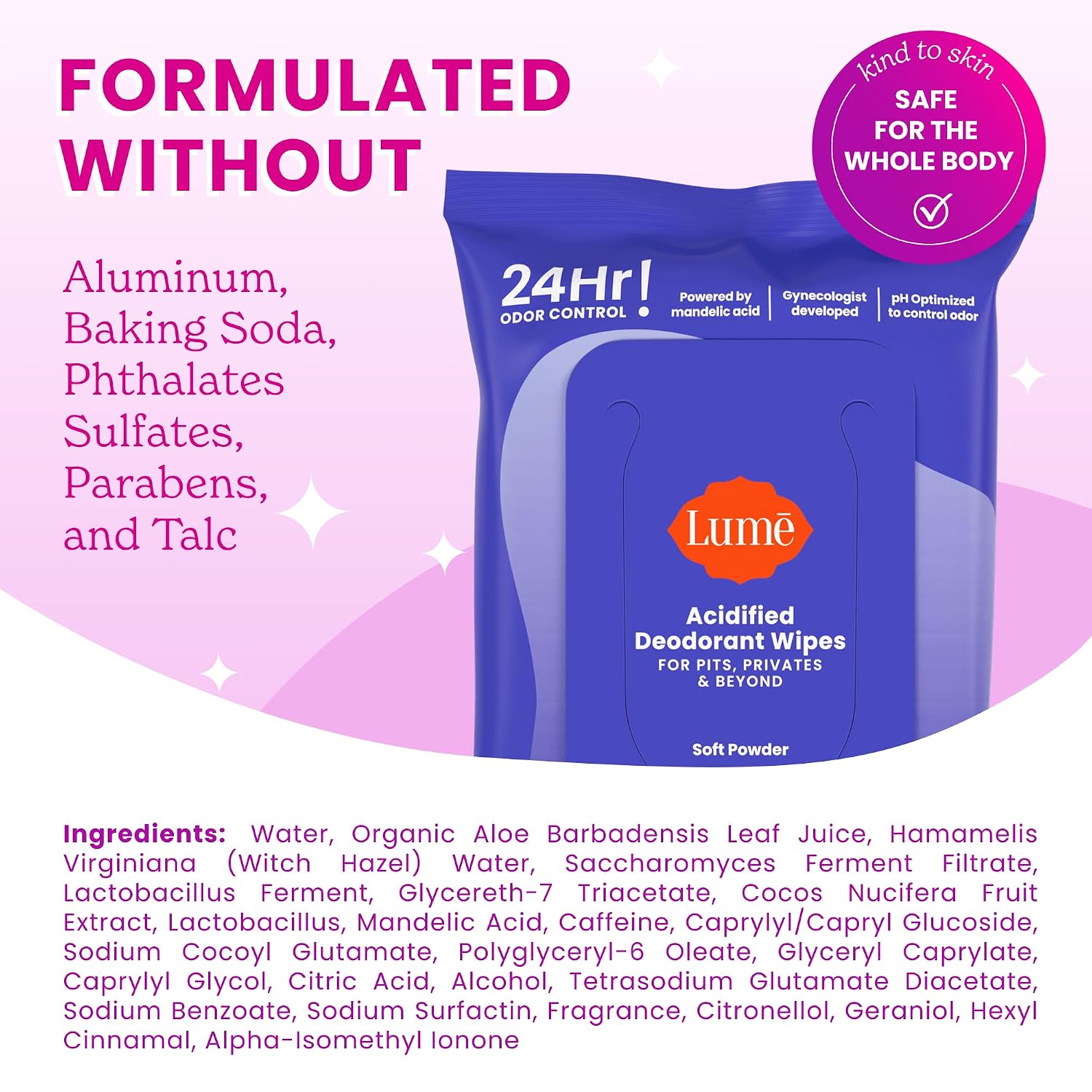 Lume Acidified Deodorant Wipes - 15 ct, 3 pk (Soft Powder) | 24-Hour Odor Control, Aluminum & Baking Soda Free, Flushable Whole-Body Deodorant Wipes for Women - Image 4
