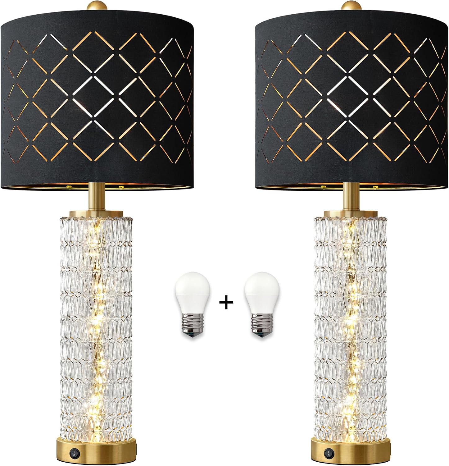 27.75" Modern Table Lamps Set of 2, Gold Bedside Lamp with Crystal Nightlight, USB A+C, Black Grid Shade, Unique Desk Lamps for Living Room, Bedroom, Nightstand, End Table (2 Bulbs Included) - Image 9