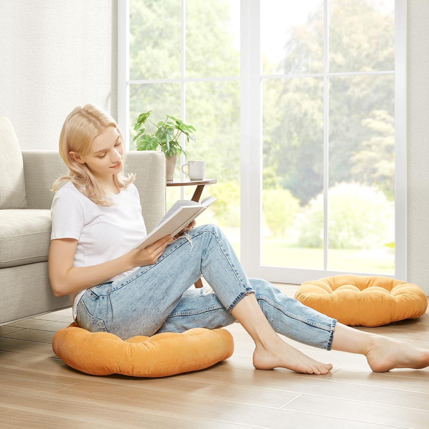Meditation Cushions Set of 2, Large Floor Pillow for Adults, 22inch Round | Floor Cushion For Reading & Zen, 3.5" Thick Supportive Shredded Memory Foam, Breathable Corduroy, Soft Yoga Seat, Yellow - Image 4