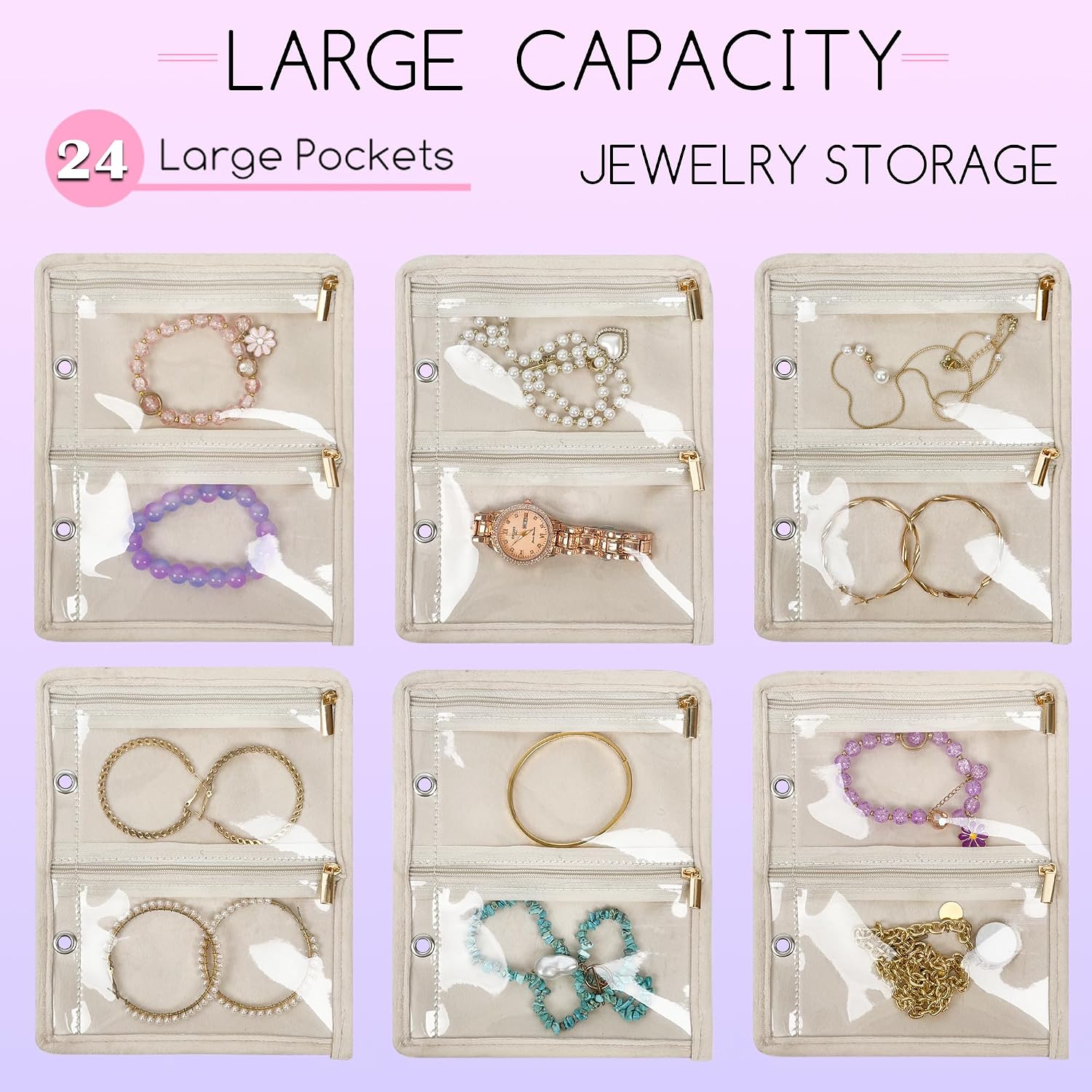 Travel Jewelry Organizer Case,Jewelry Bags for Traveling, Jewelry Binder with 24 Pcs Clear Zipper Velvet Pouches for Storing Earrings, Rings, Necklace, Bracelet, Watch (Beige) - Image 3