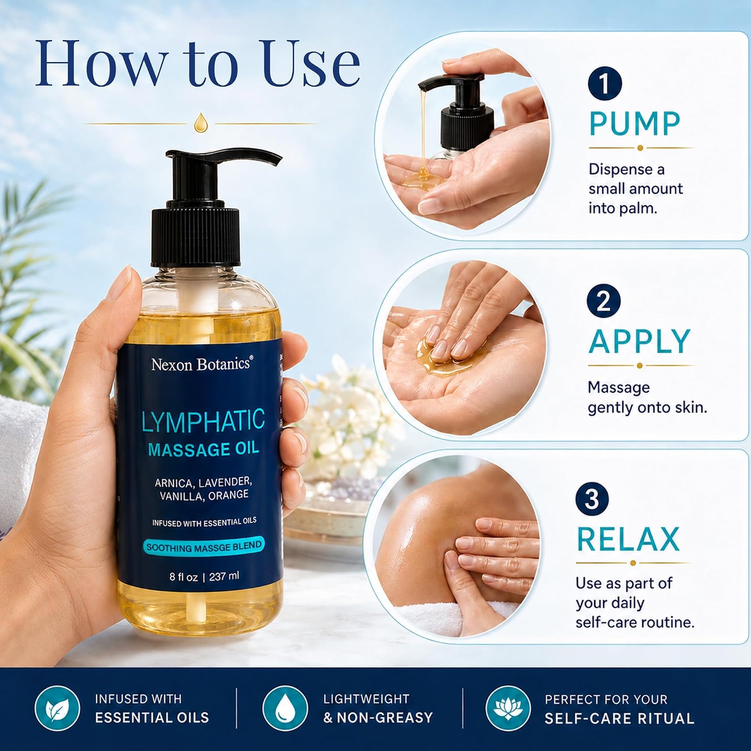 Lymphatic Massage Oil for Massage Therapy & Gua Sha with Arnica 8 fl oz | Lightweight, Non-Greasy, and Fast-Absorbing Blend - Floral Scent of Lavender, Orange & Vanilla - Nexon Botanics - Image 5