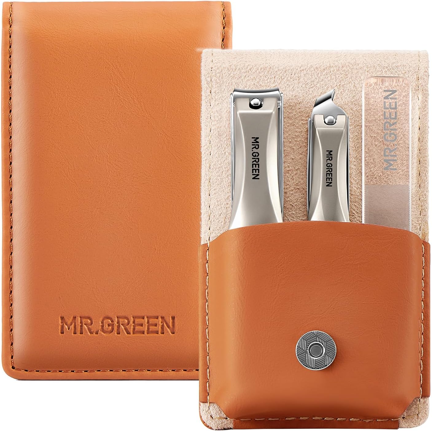 MR.GREEN 3pcs Nail Clippers Set, Anti Splash Excellent Quality Nail Cutter | German Stainless Steel, 2 Nail Clippers+Nano File, Unique Catcher, Exquisite Leather Case, for Men Women Home Travel Gift