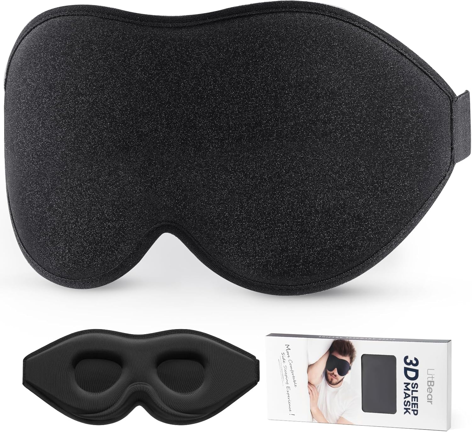 LitBear Sleep Mask for Side Sleeper Women Men, Eye Mask for Sleeping | Light Blocking 3D Contoured Sleeping Mask, Soft Breathable Sleep Eye Mask with Adjustable Elastic Strap for Travel, Black