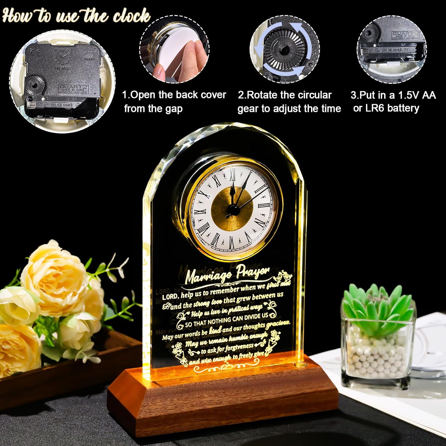 Arikyrist Glass Clock Wedding Gifts for Couples 2026 Newlyweds Gift Idea | Happy Anniversary, Marriage Prayer with Inspiring Quotes, Unique Mr and Mrs Engagement Presents, with Wooden Light Base - Image 4