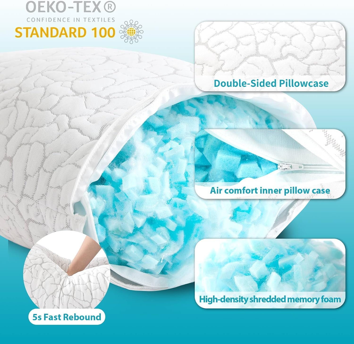 Cooling Pillows Queen Size Set of 2, Memory Foam Firm Bed Pillows | Adjustable, For Hot Sleeper, Side Back Stomach Sleeping, Cold Pillow, Neck and Shoulder Pain Relief, Removable Washable Cover - Image 4
