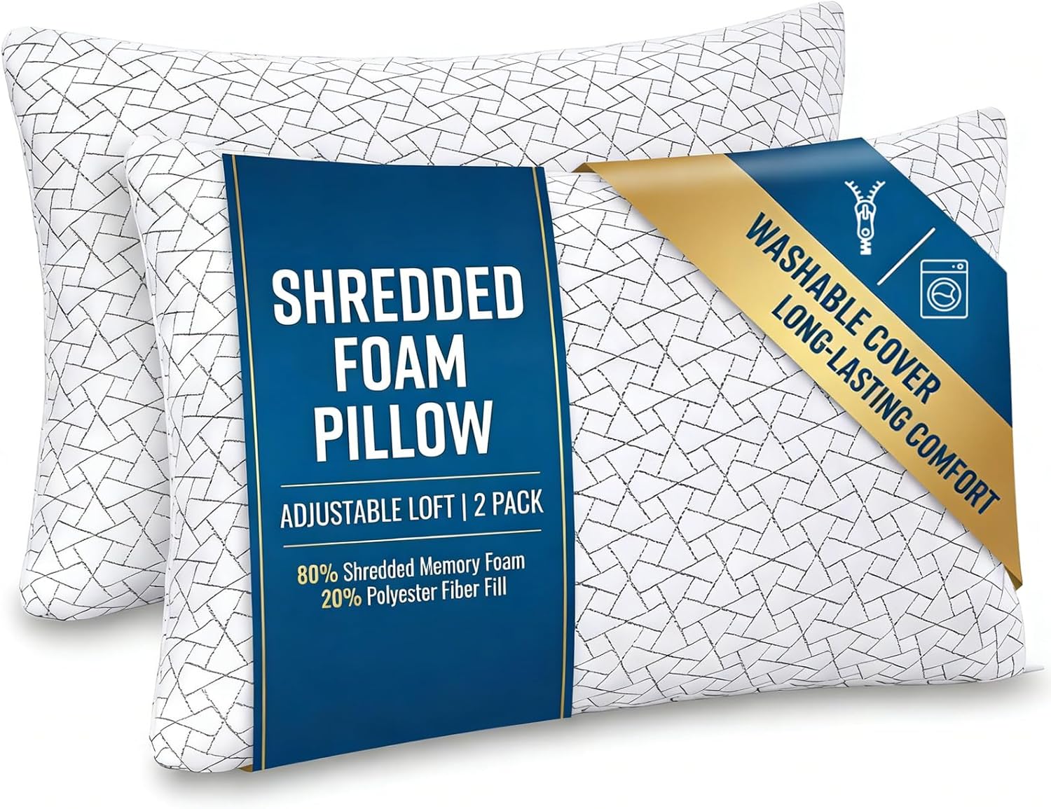 Meoflaw Adjustable Memory Foam Pillows: 2 Pack Queen Size Shredded Foam Bed Pillow for Sleeping with Removable & Washable Pillowcase for All Sleep Positions
