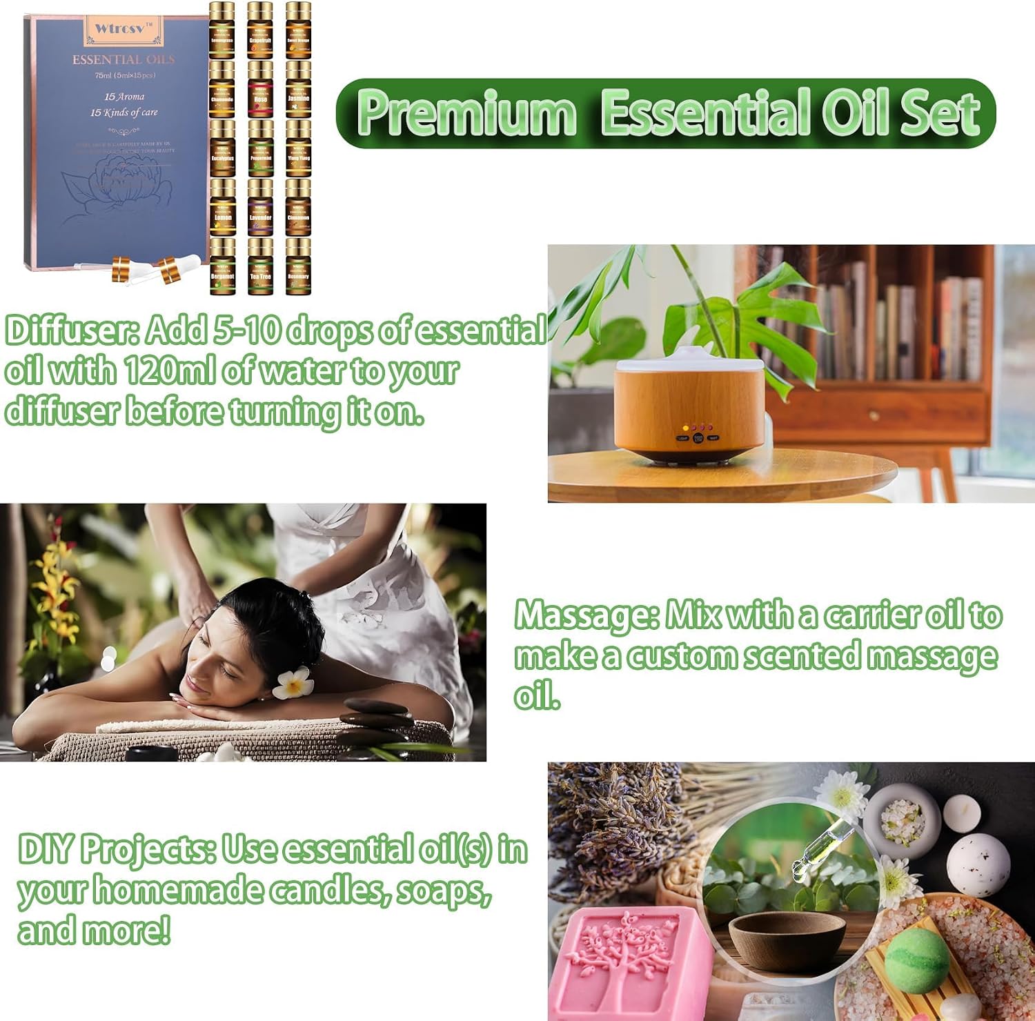 Essential Oils Set - Top 15 Scents for Diffuser, Humidifier, Skin Care, Aromatherapy, Massage, Candle & Soap Making - Fragrance Gift Set (5ml) - Image 7