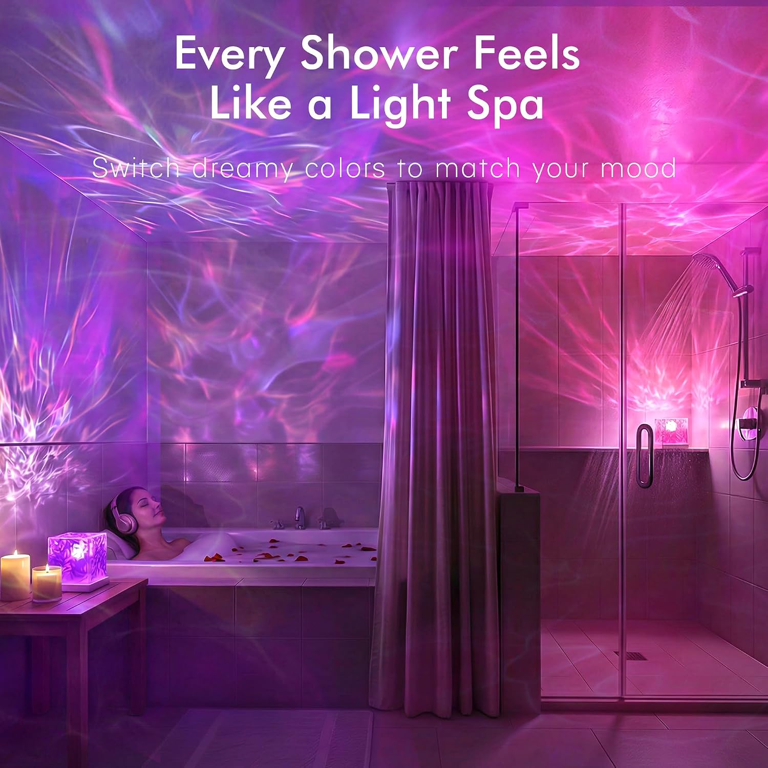 Waterproof Shower Light, Rechargeable Shower Lamp with 16 Color Changeable | Wireless Bathroom Lamp Mood Lighting with Touch & Remote Control, LED Ocean Wave Projector Light for Inside Shower, Bedroom - Image 2