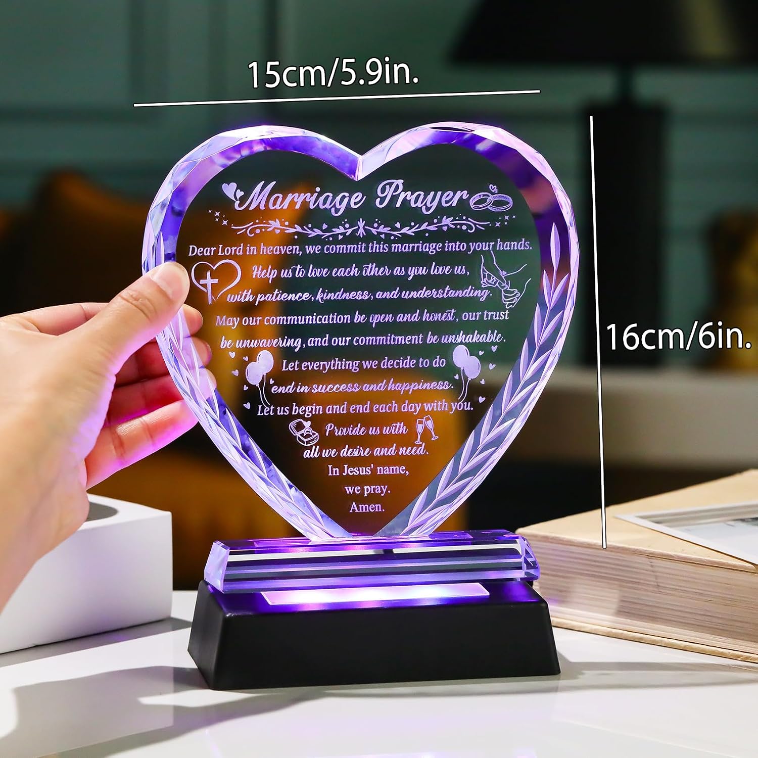 Arikyrist Crystal Heart Wedding Gifts for Couple 2026 Newlyweds | LED Light Base, Happy Anniversary Marriage Engagement Prayer Plaque with Inspiring Quotes, Mr and Mrs Bridal Shower Gift Idea - Image 3