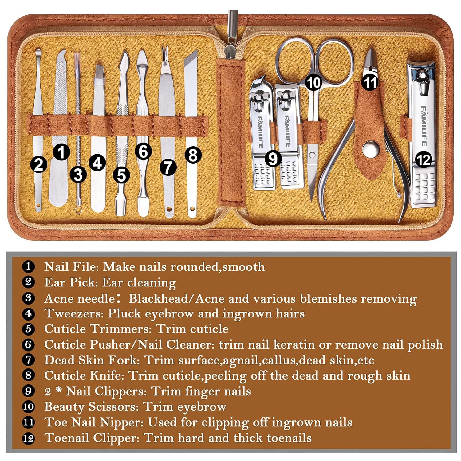 Manicure Set, Nail Professional Kit Manicure Kits Nail Clipper Sets, 13PCS Stainless Steel Pedicure Sets Mens Grooming Tool, with Brown Leather Travel Case for Men - Image 4