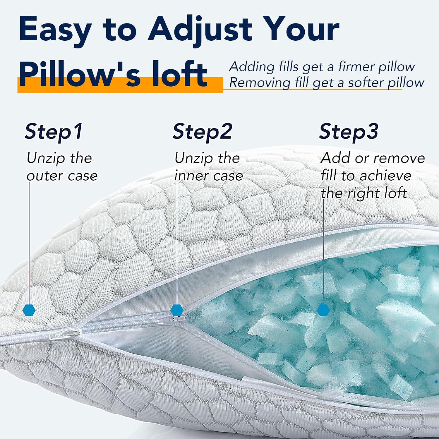 QUTOOL Cooling Pillow for Sleeping, CertiPUR-US Shredded Memory Foam Queen Pillows Set of 2, Cool Pillow for Hot Sleepers Adjustable Firm Pillow for Side, Back, Stomach Sleepers Soft Yet Support,White - Image 9