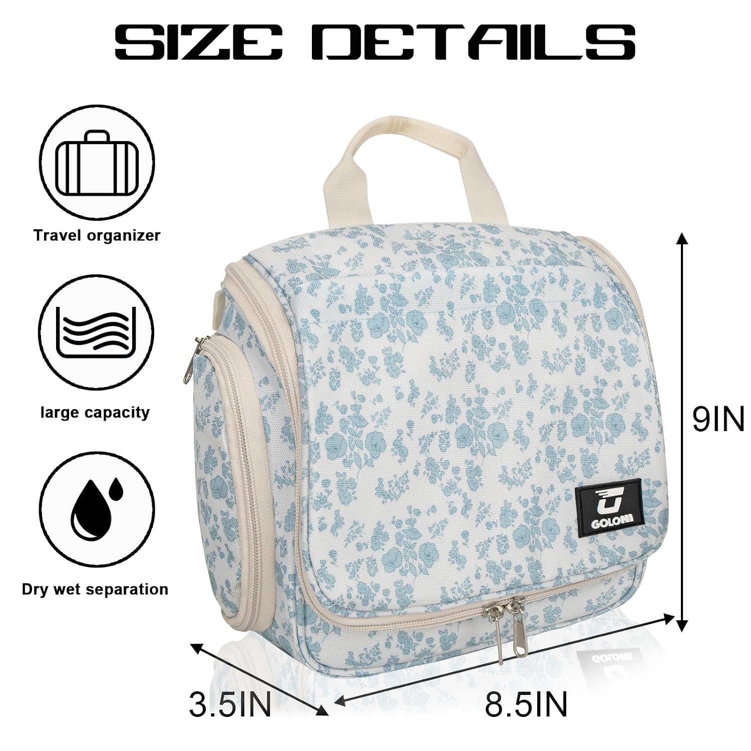 Hanging Toiletry Bag, 10 Compartments Water-Resistant Makeup Bag with 360° Spinning Metal Hook, Large Travel Cosmetic Organizer for Men & Women, Flower (7.05oz) - Image 2
