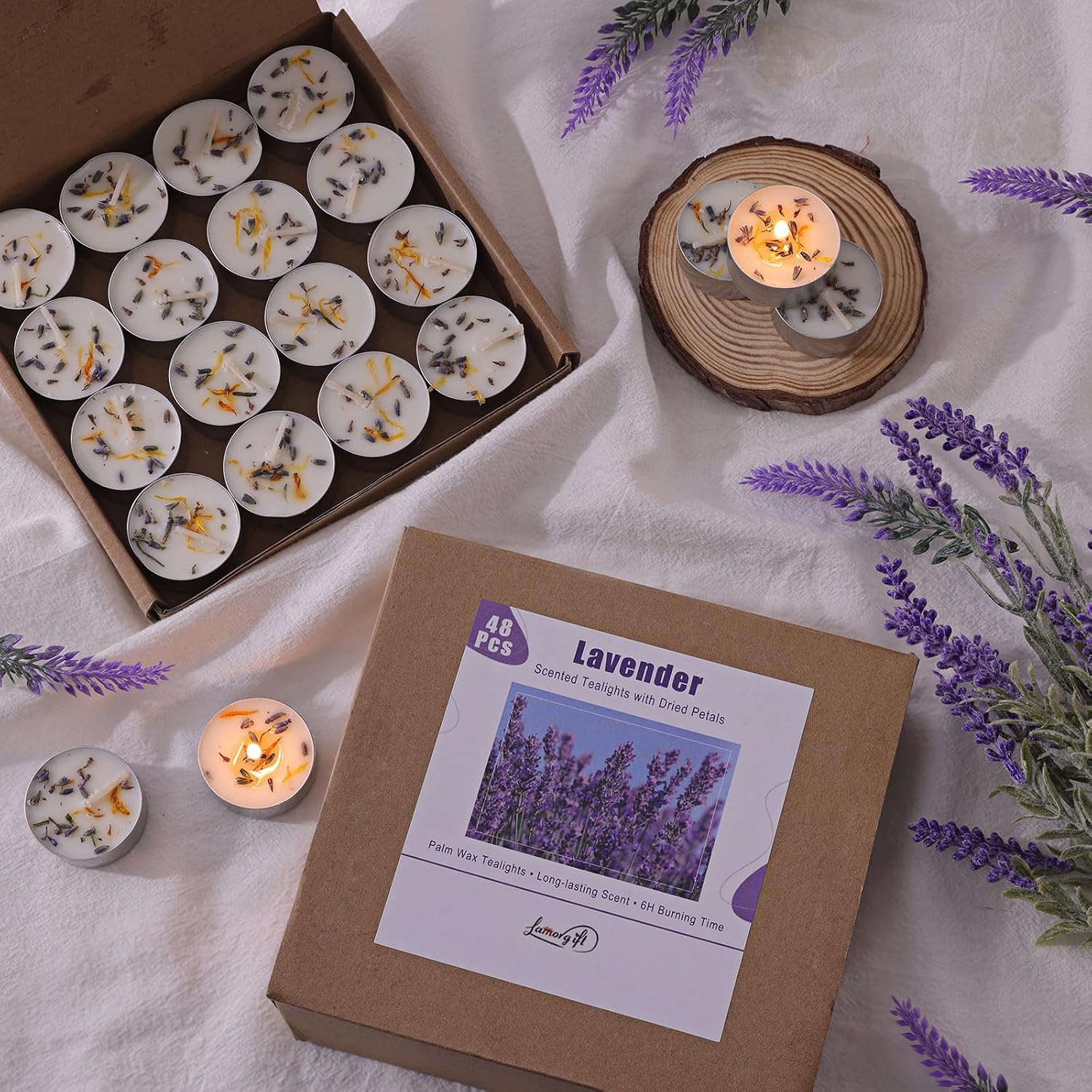 48 Pcs Lavender Scented Tealight Candles, 6H Long Burning - 100% Palm Wax Based Scented Tea Lights with Dried Flowers, Non-Toxic/Smokeless Scent Tea Lights Candles Bulk for Spa, Bath, Wedding - Image 2