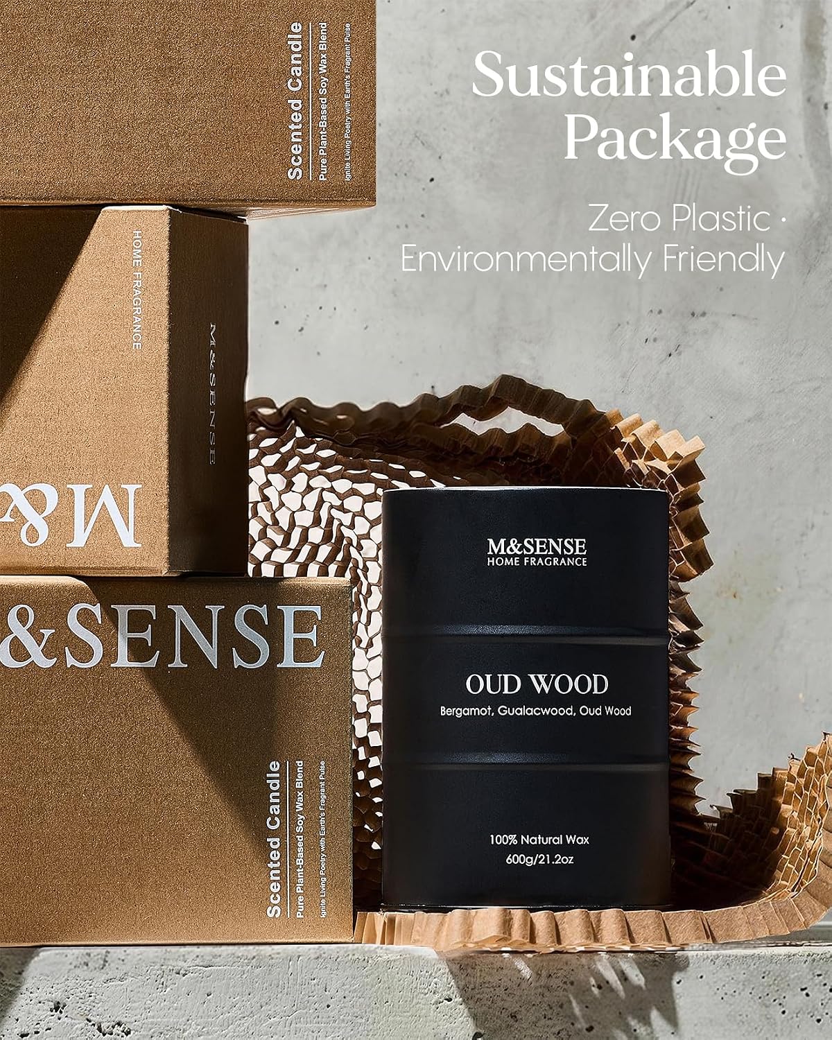 M&SENSE Oud Wood Scented Candle, Large, Natural Soy Wax, 21.2oz | Natural Large Soy Candle - Image 7