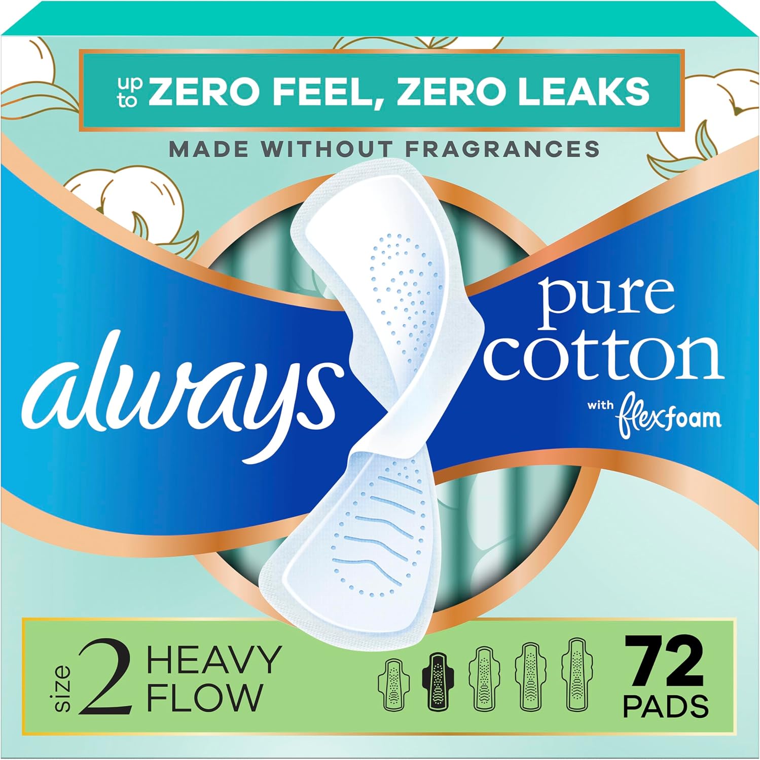 Always Pure Cotton, Organic Cotton top Layer Pads for Women with Wings, Feminine Care, Period, Menstrual, Sanitary, Postpartum, toallas sanitarias para Mujer, Size 2 Heavy Absorbency, Unscented, 72ct