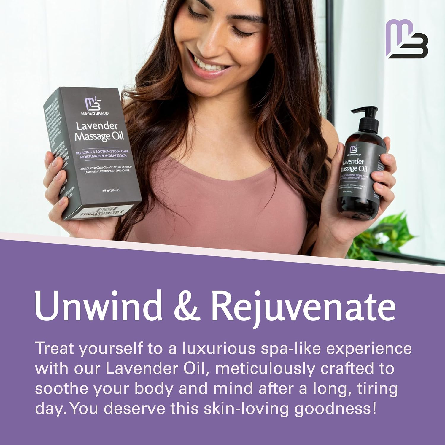 Lavender Sensual Massage Oil with Collagen and Stem Cells, 8 fl oz by M3 | Fast-Absorbing Massage Oil with Lemon Balm & Chamomile, Relaxing & Soothing Body Care, Moisturizes & Hydrates Dry Skin - Image 10