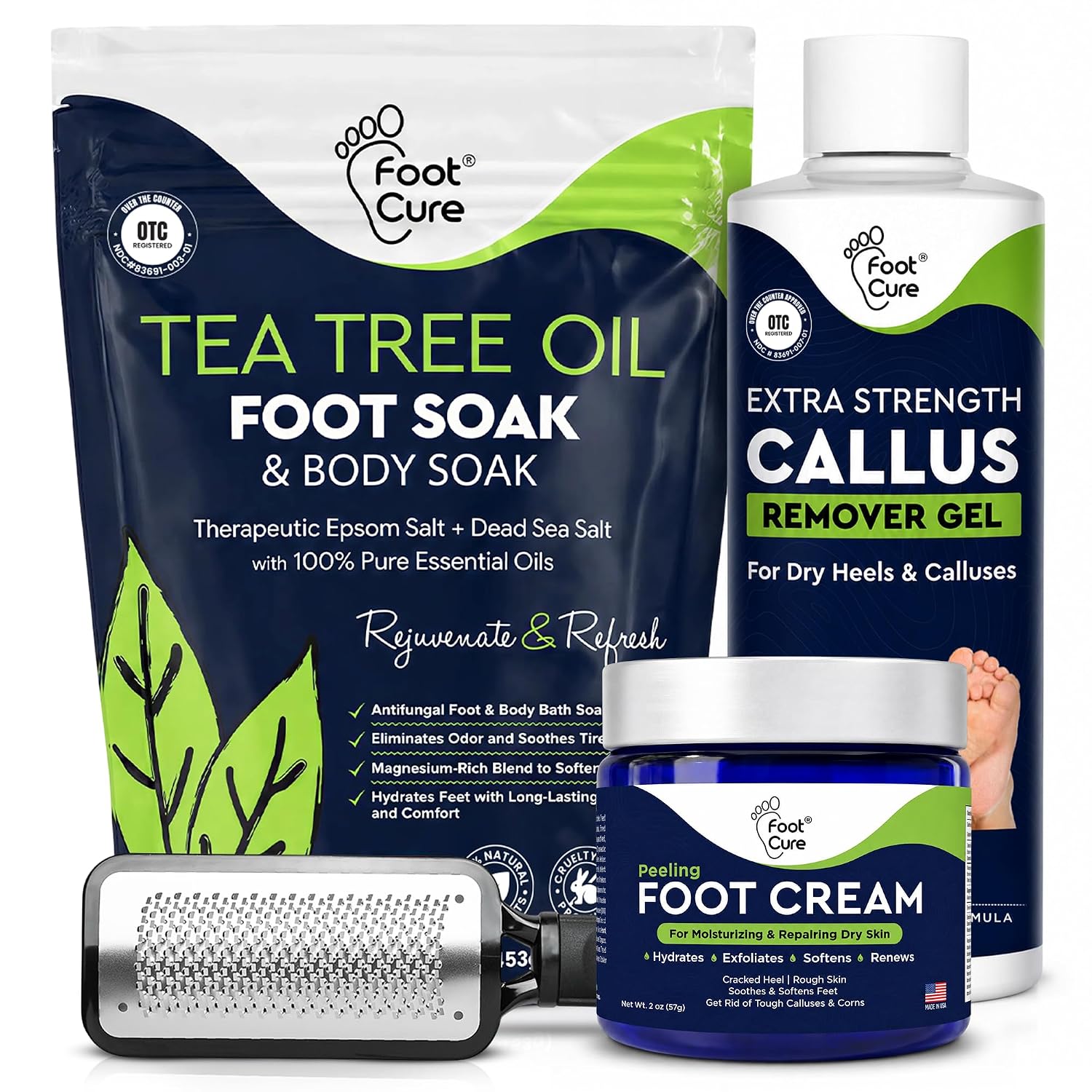 Tea Tree Callus Remover Gel & Foot Soak, Foot Cream for Dry Cracked Feet | Extra Strength Callus Remover Gel kit for Dry Cracked Heels, Foot Cream Hydrate Softens Calluses & Rough Skin - 4in1