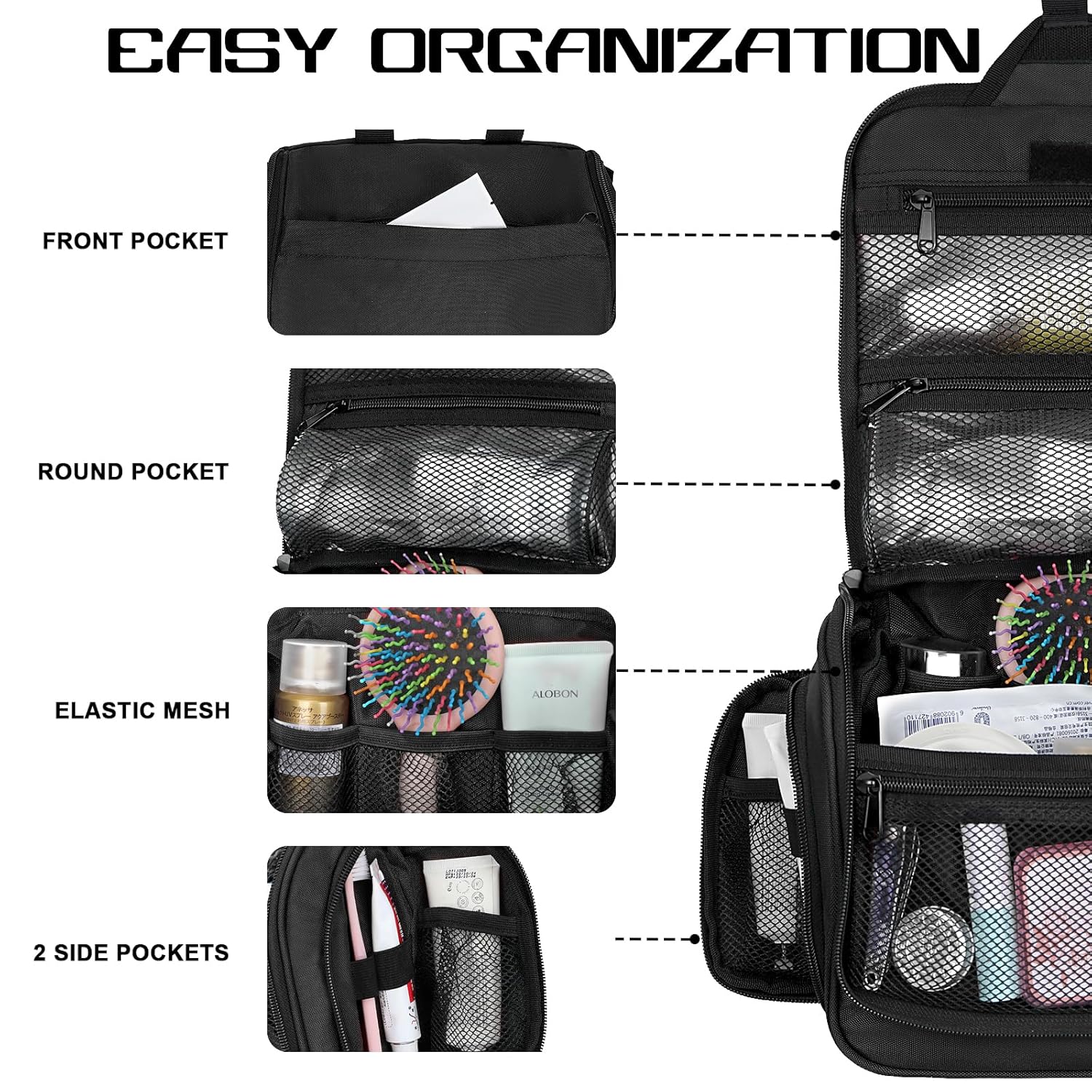 Hanging Toiletry Bag, 10 Compartments Water-Resistant Makeup Bag with 360° Spinning Metal Hook, Large Travel Cosmetic Organizer for Men & Women, Black (7.05oz) - Image 3