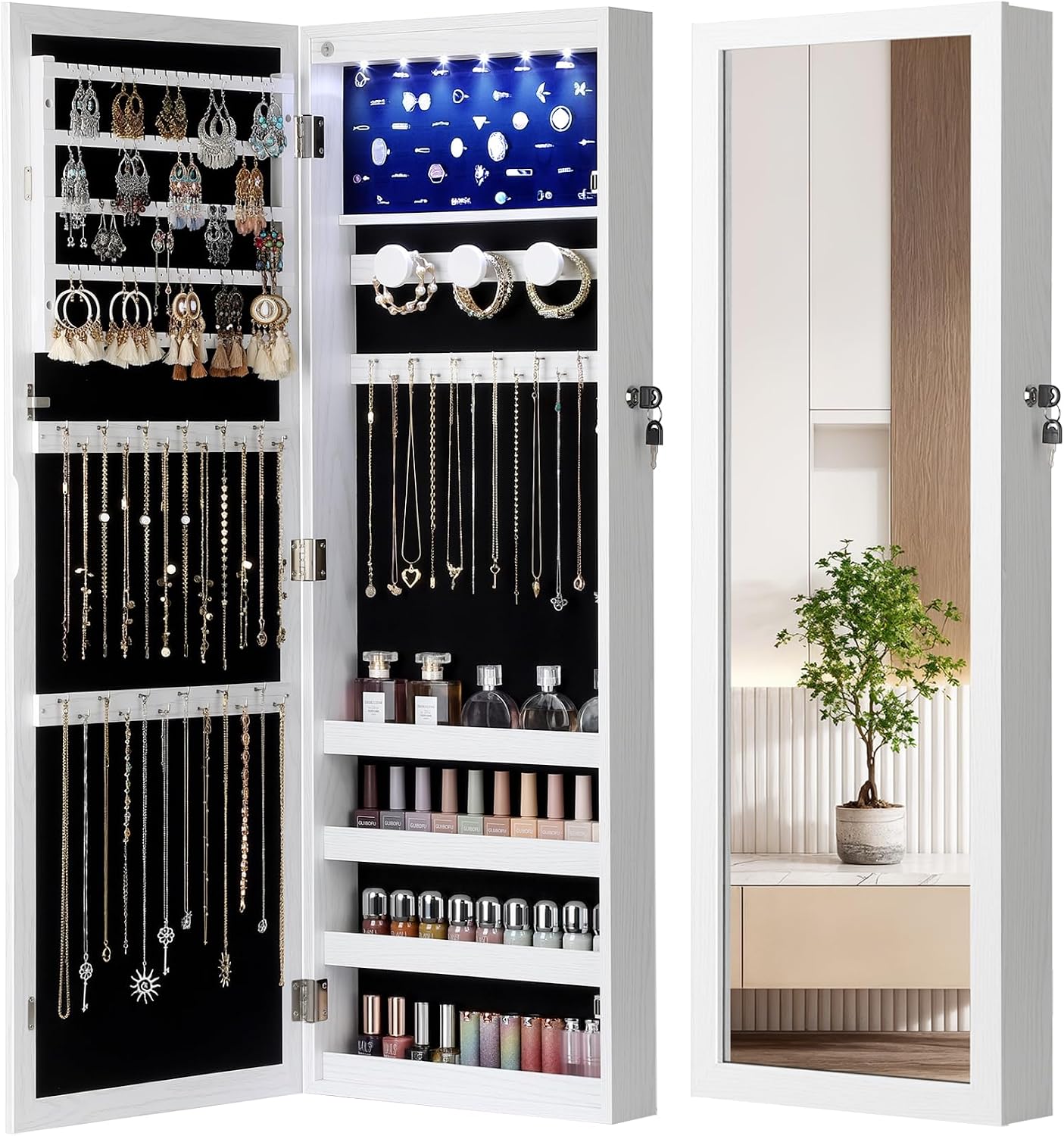6 LEDs Jewelry Armoire, Hanging Mirror Jewelry Cabinet, White | Over the Door Jewelry Organizer, Lockable Mirror with Jewelry Storage, Auto-on Light, Gift Idea, Easy Assembly