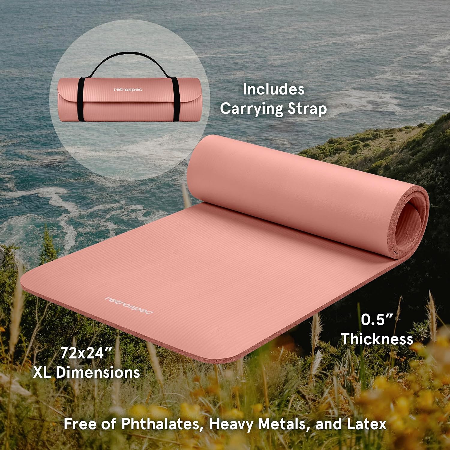 Retrospec Solana Yoga Mat Thick 1/2in Non-Slip Workout Mat with Nylon Strap - 72x24in Exercise Mat for Pilates, Stretching & Fitness - BPA Free, Easy Clean - Image 2