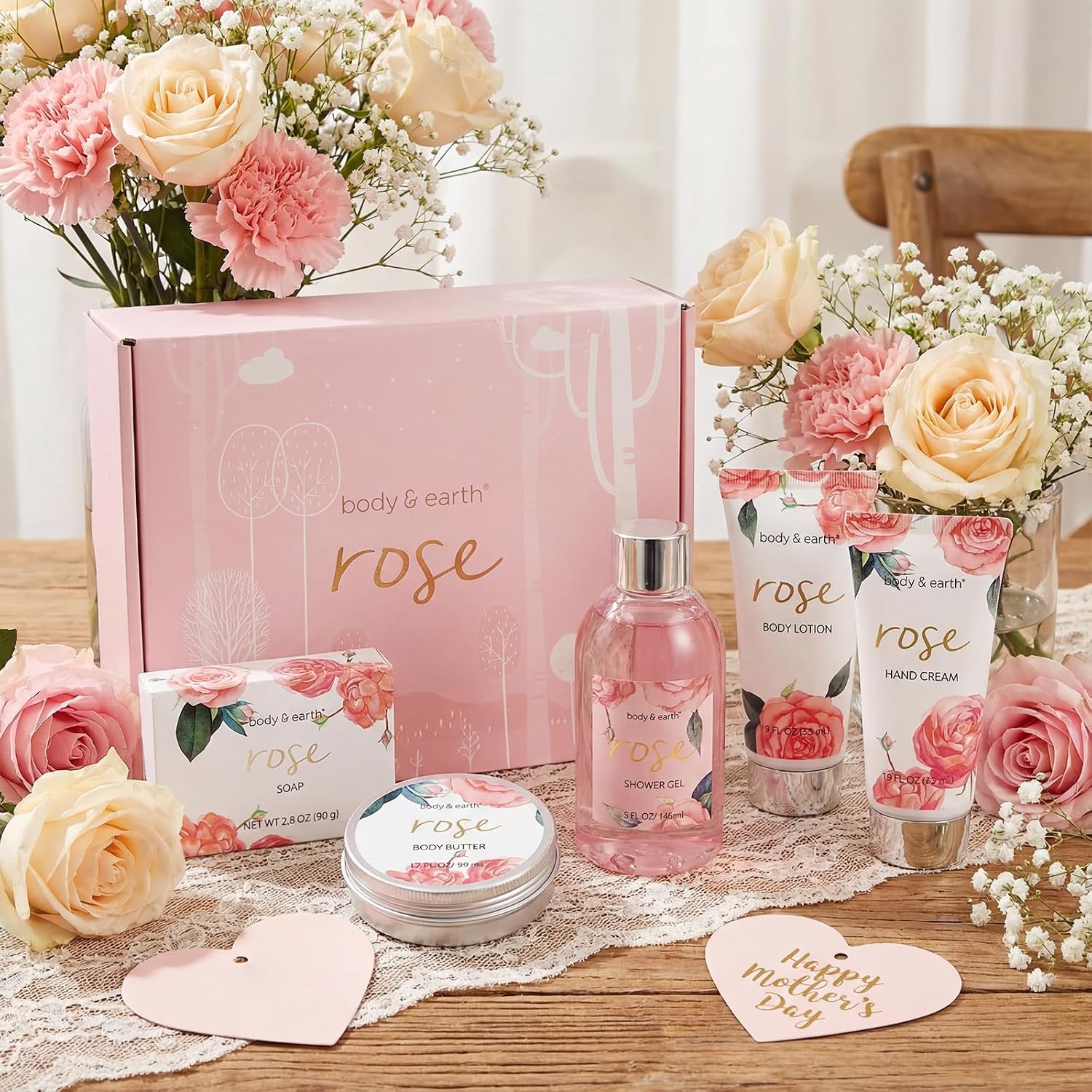 BODY & EARTH Spa Gift Set for Women - Luxurious 5 Pcs Bath and Body Box, Rose Scent, Includes Body Wash, Body Butter, Body Lotion and More, Birthday Christmas Gifts for Mom Self Care Kit for Her - Image 9