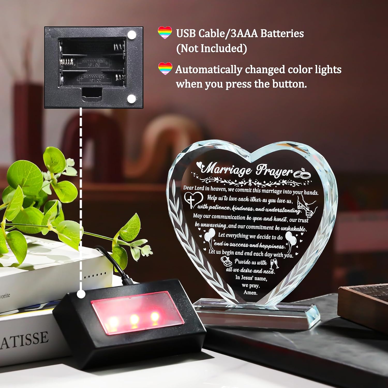Arikyrist Crystal Heart Wedding Gifts for Couple 2026 Newlyweds | LED Light Base, Happy Anniversary Marriage Engagement Prayer Plaque with Inspiring Quotes, Mr and Mrs Bridal Shower Gift Idea - Image 5
