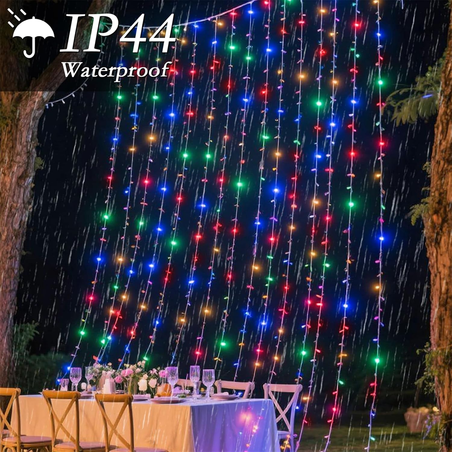 200 LED Multicolor Rainbow Curtain String Lights 9.8x6.6FT, Plug in Fairy Lights with 9 Hooks, Dimmable, Timer 8 Modes, IP44 Waterproof, Bedroom Party Wedding Christmas Indoor Outdoor Decor - Image 5