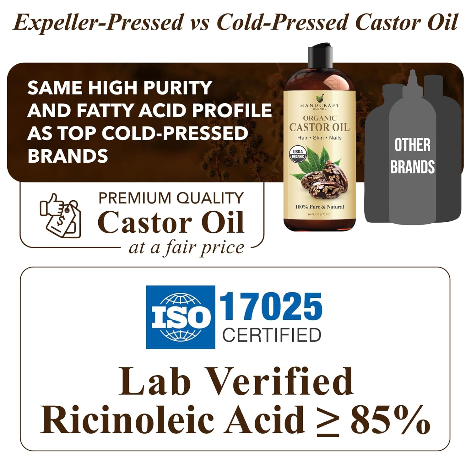 Handcraft Blends Organic Castor Oil 16 Fl Oz | 100% Pure and Natural | Premium Grade Carrier Oil | Hair, Eyelashes and Eyebrows | Hair and Body | Expeller-Pressed | Hexane-Free - Image 2