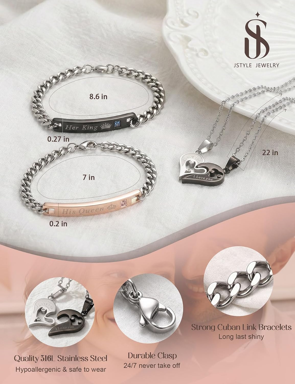 Jstyle 4Pcs Couples Jewelry Set, Matching Necklace Bracelet for Him and Her | Stainless Steel Heart Pendant Necklaces, His Queen /Her King Link Bracelets, Couples Jewelry Set, Valentine's Day Gifts - Image 5