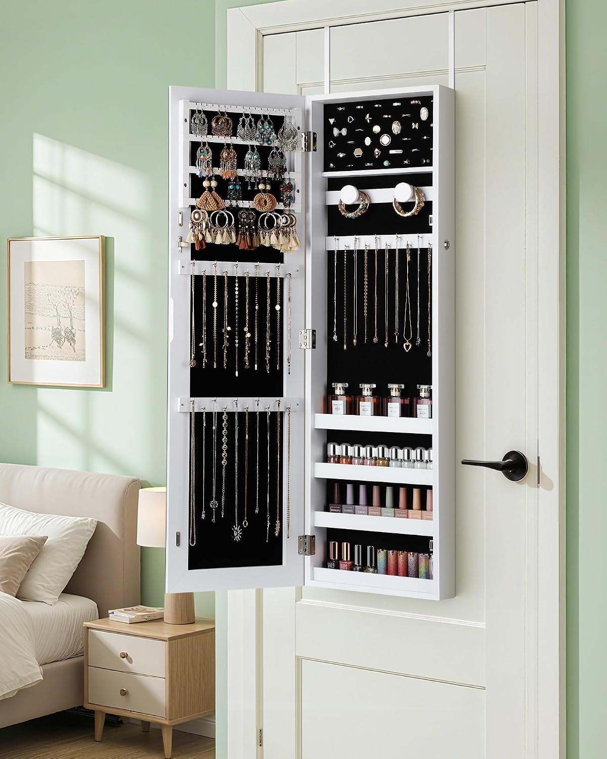 Hanging Jewelry Cabinet, Jewelry Organizers and Storage, White | Lockable Jewelry Armoire Organizer, Over the Door Mirror with Jewelry Storage, Full Length, Gift Idea, Easy Assembly - Image 4