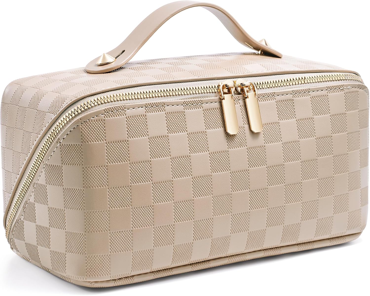 Large Capacity Travel Cosmetic Bag - Open Flat Makeup Bags for Women Waterproof PU Leather Checkered Makeup Organizer Bag,Toiletry Bag for Cosmetics, Portable Make up Bag for Travel Essentials, Khaki