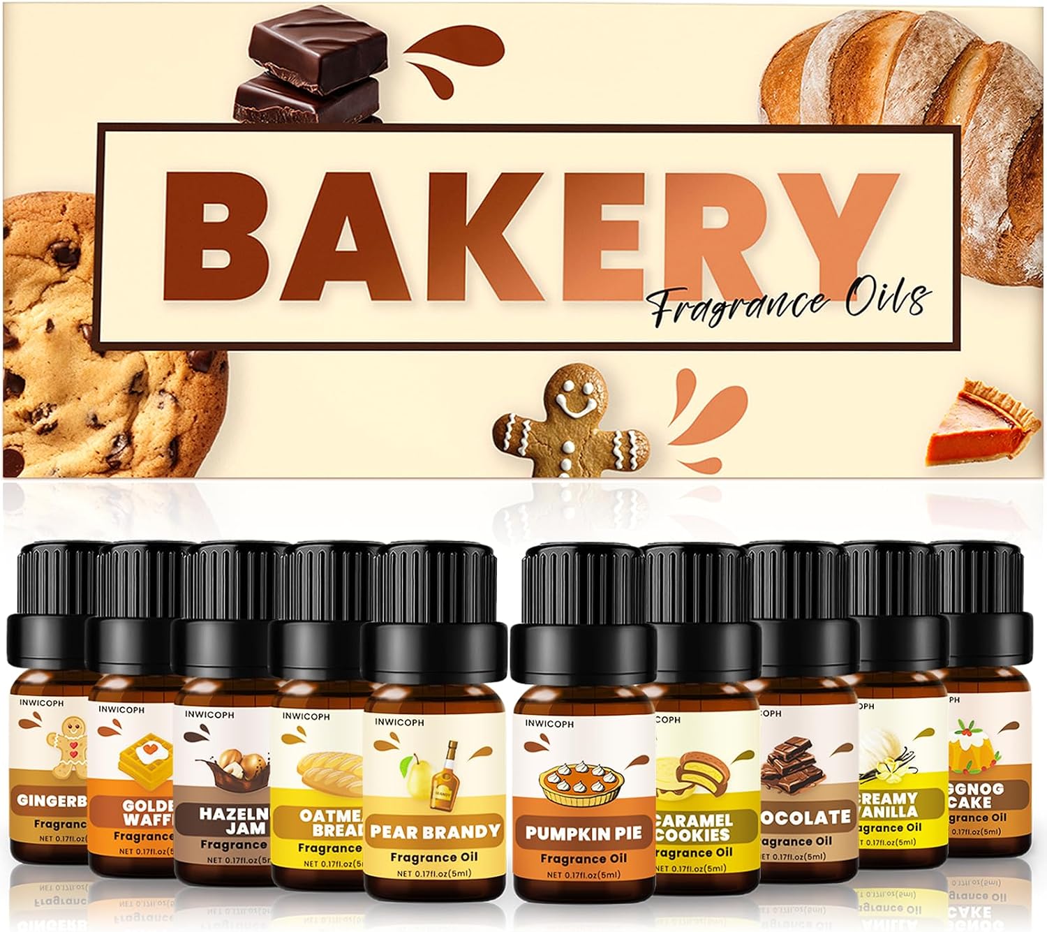 Bakery Essential Oils Set (10 × 5ml), INWICOPH Fragrance Oil for Soap & Candle Making - Pumpkin Pie, Golden Waffle, Hazelnut, Eggnog Cake Aromatherapy Scented Oils