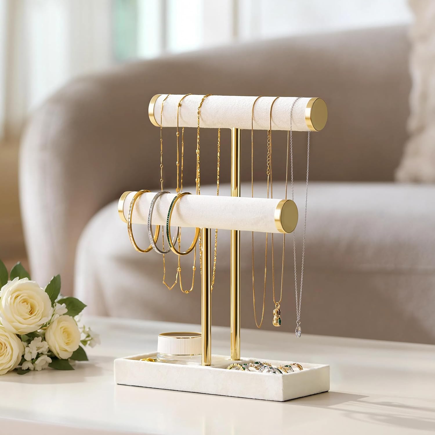 bussdis 2 Tier Bracelet Holder Display, Necklace Holder Organizer, Beige | Velvet Necklace Holder | Jewelry Tree | Jewelry Towers | Jewelry Stand Organizer for Necklaces, Bracelets, Earrings, Rings - Image 3