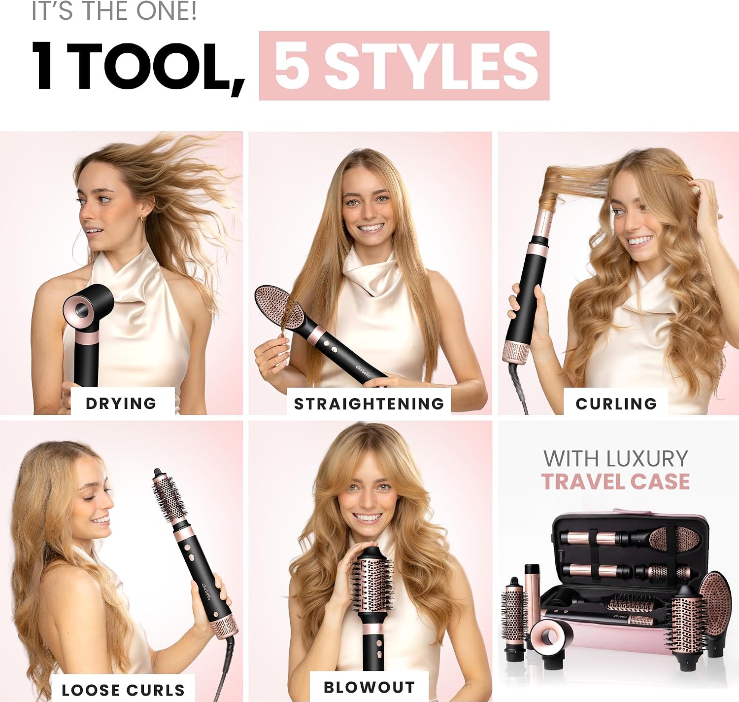 ELLA BELLA® 6 in 1 Professional Hot Air Styler & Straightener, Fast Drying | Powerful Hair Dryer Set - Styling Without Heat Damage. Curling, Volumizing. Includes Protective Travel Case - Image 2