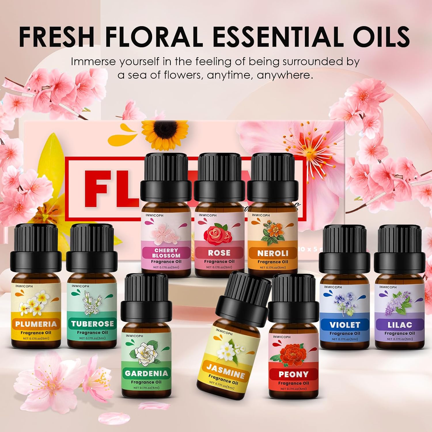 Floral Essential Oils, INWICOPH Flower Fragrance Oil for Candle Making - Rose, Jasmine, Gardenia, Lilac, Plumeria, Peony and More, Aromatherapy Oils for Diffusers for Home - Image 2
