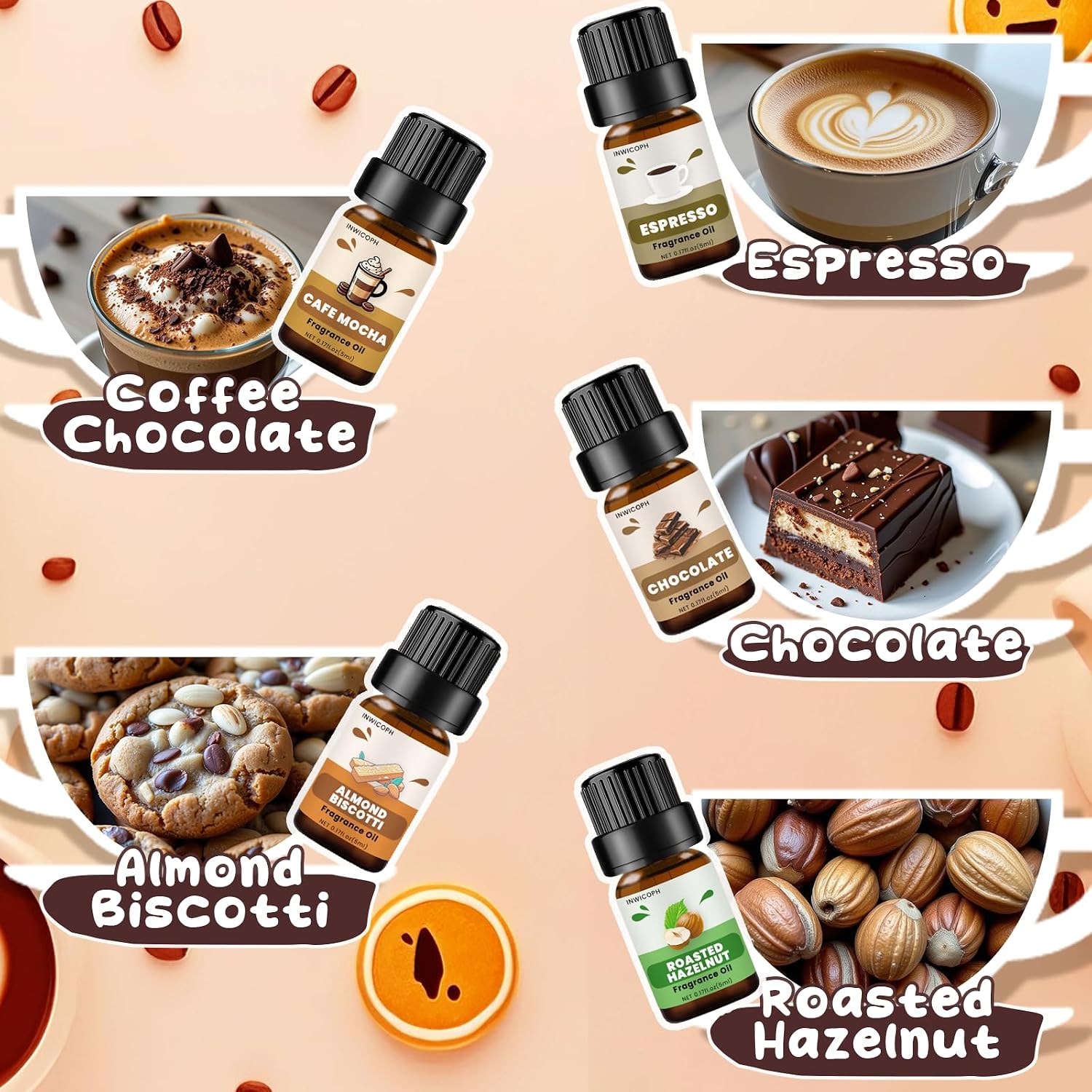 Coffee Shop Fragrance Oil Set | Espresso, Mocha Coffee, Chocolate, Almond Biscotti, Roasted Hazelnut Candle Scents for Candle Making, Soap Making Supplies, Diffuser Oil Scents - Image 2