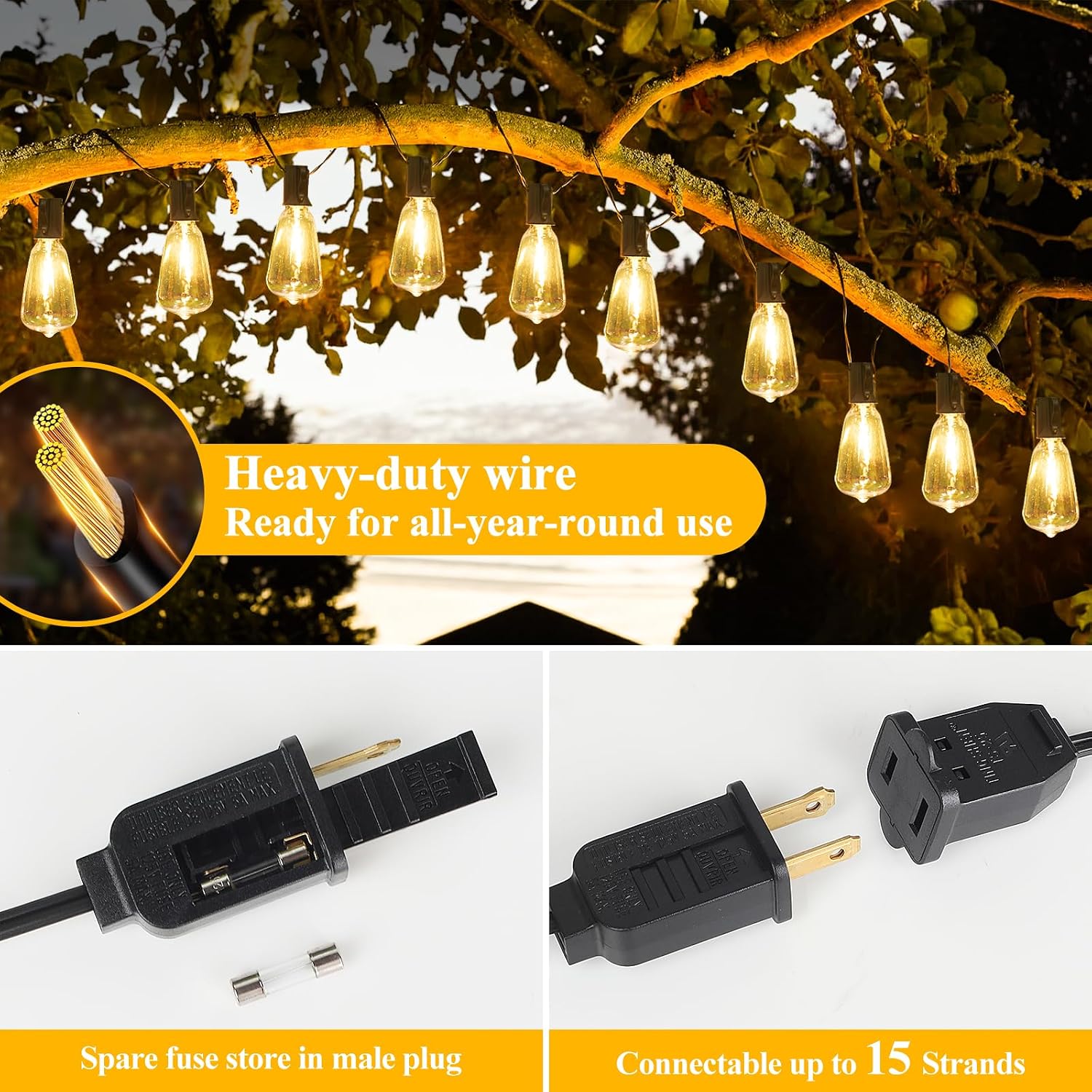 LED Outdoor String Lights 100FT Patio Lights with 52 Shatterproof ST38 Vintage Edison Bulbs, Outside Hanging Light Waterproof for Porch, Deck, Garden, Backyard, Balcony, 2700K Dimmable | 2 Spare ST38 Edison Bulbs Dimmable, Connectable Plug-in LED Outdoor Lighting for Porch, Garden, Backyard, Balcony, 2700K - Image 6