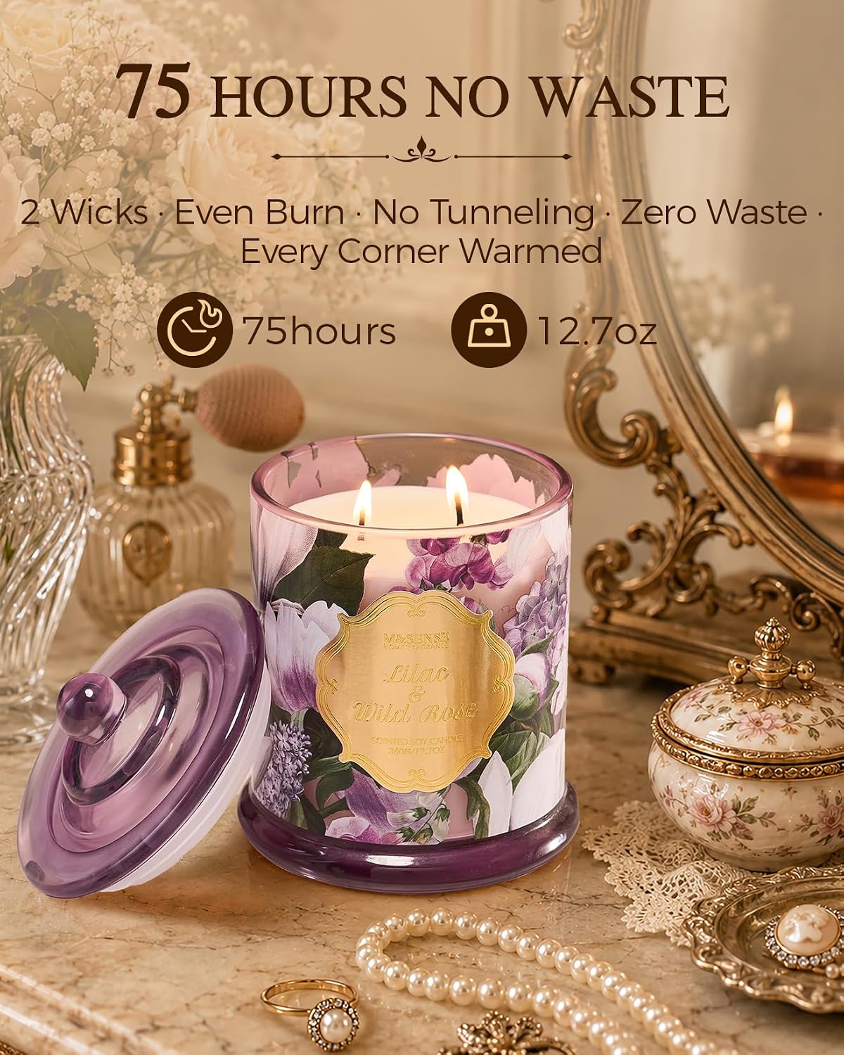 M&SENSE Lilac Wild Rose Non Toxic Large Soy Candle, 12.7oz Romance Scent | Natural Non Toxic for Home Scented, Housewarming Gift for Women - Image 4