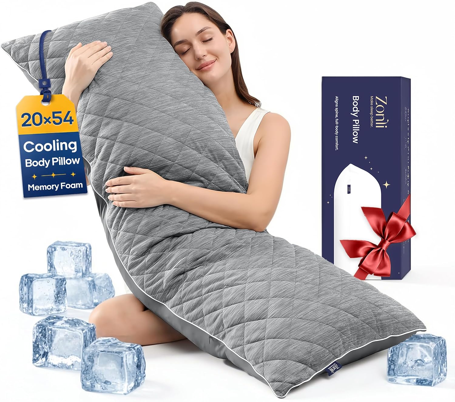 ZonLi Cooling Body Pillow for Adults Side Sleeper & Pregnancy - Memory Foam Insert Long Body Pillow 20 x 54 Inch with Washable Pillowcase, Gift for Men Women Grey