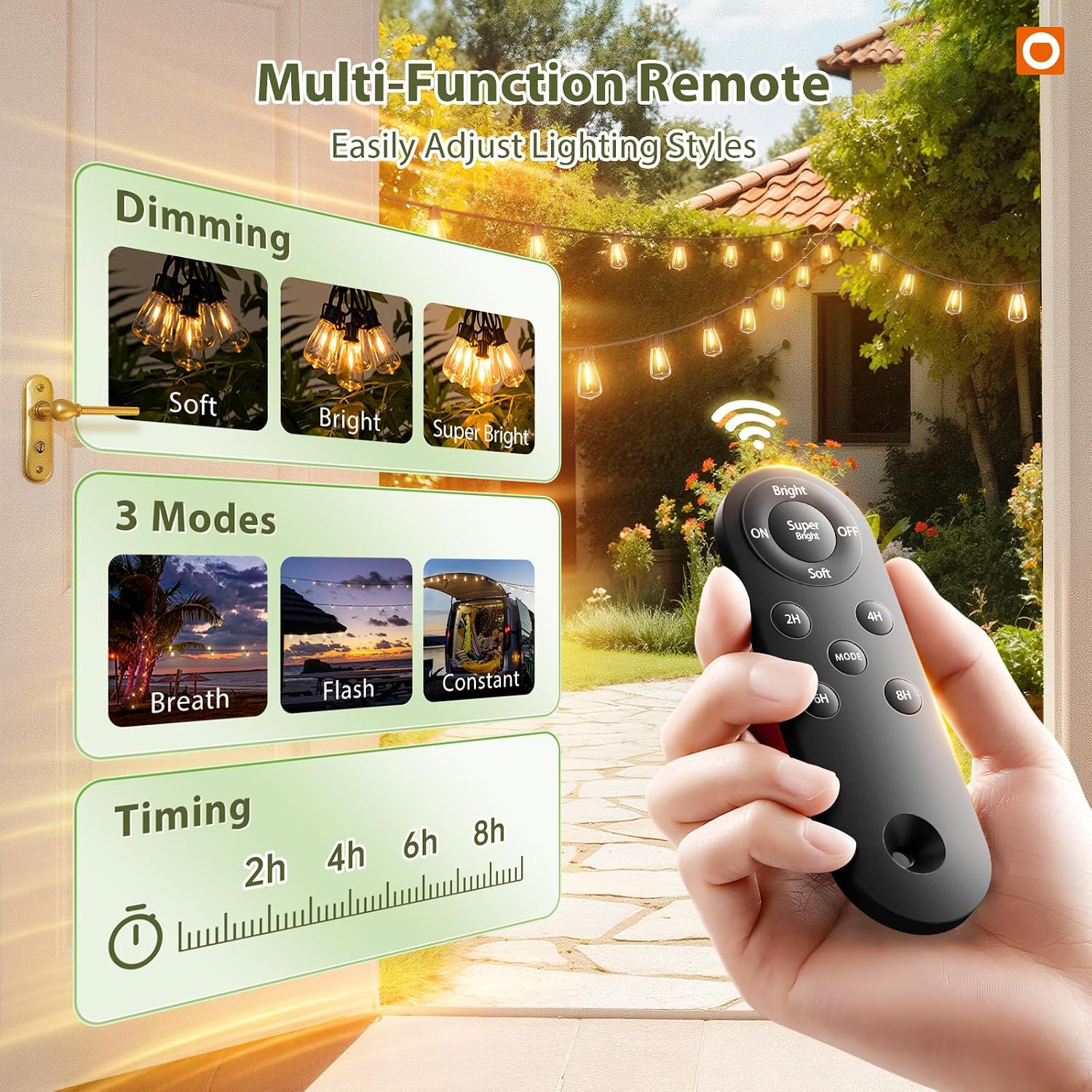 addlon 52(48+4) FT Solar String Lights Waterproof, Remote Dimmable 16+1 LED | Patio Lights Solar Powered with USB Port, Shatterproof Bulbs, 3 Light Modes, Timable Solar Light for Camping Backyard Garden - Image 2